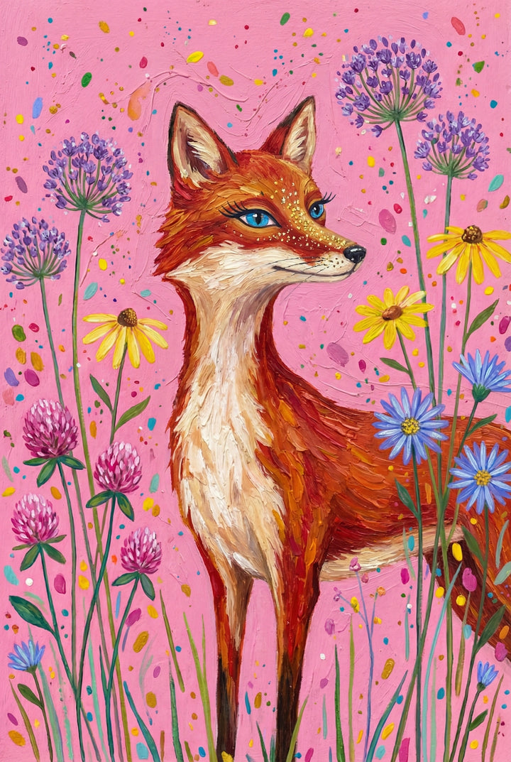 A red fox with a white chest and golden flecks on its face stands gracefully among purple alliums and yellow daisies. Its teal eyes contrast against the festive pink background.