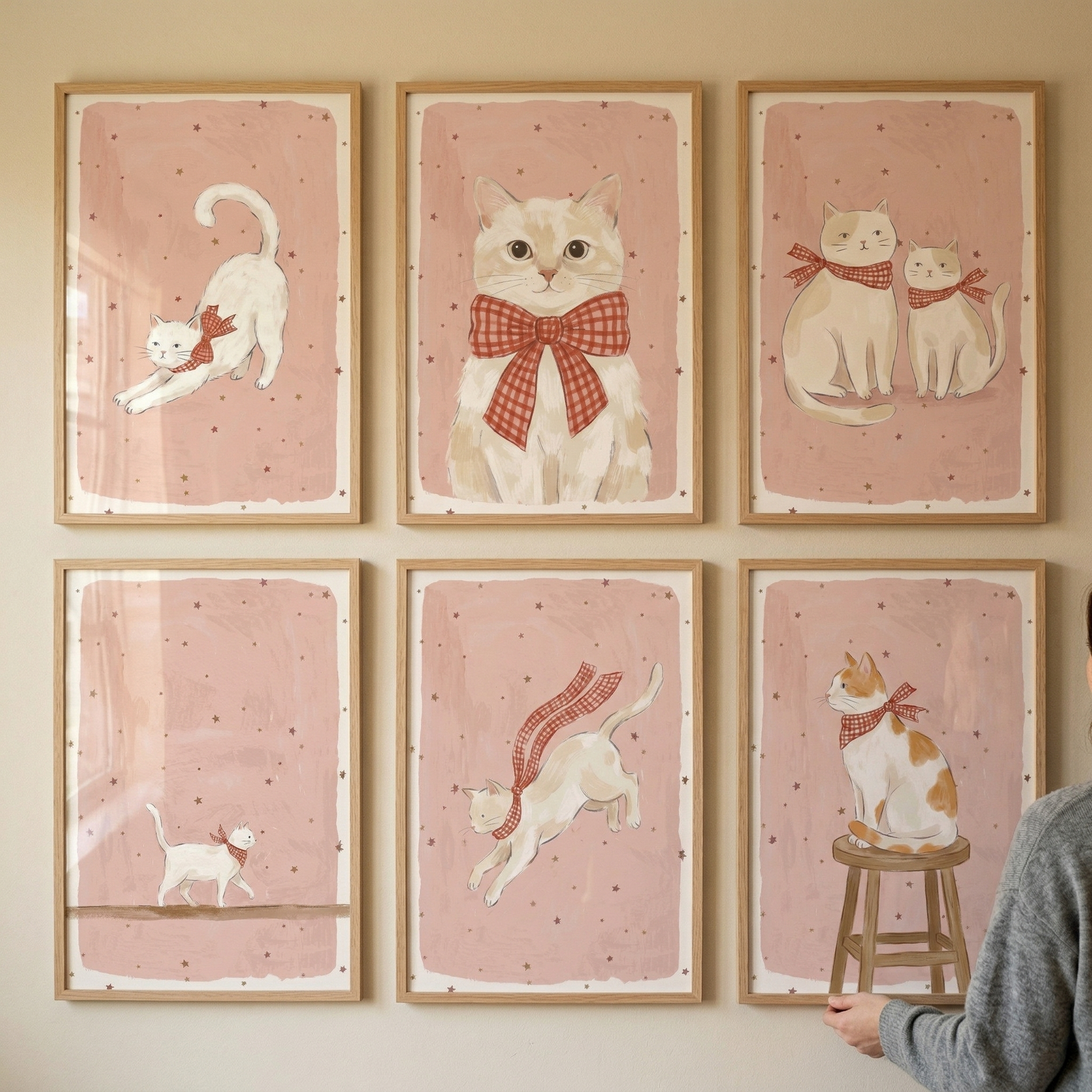 Six framed illustrations of cats are displayed on a light-colored wall in a two-by-three grid. Each piece features a light pink background with small dark speckles and a white border inside a light wood frame. 