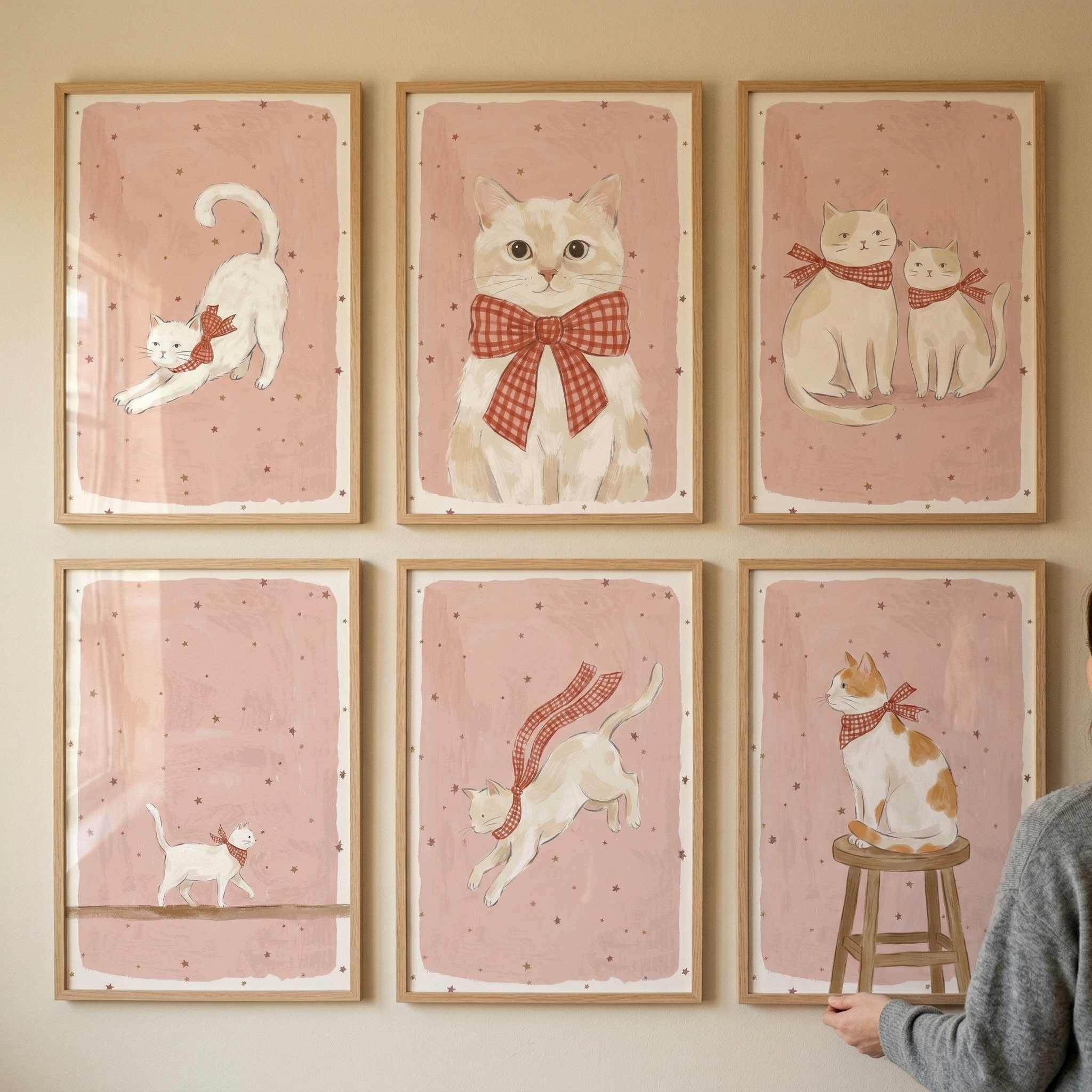 Red Gingham Accessory Cat Wall Art Set of 6 - Sweet Gingham Kitties
