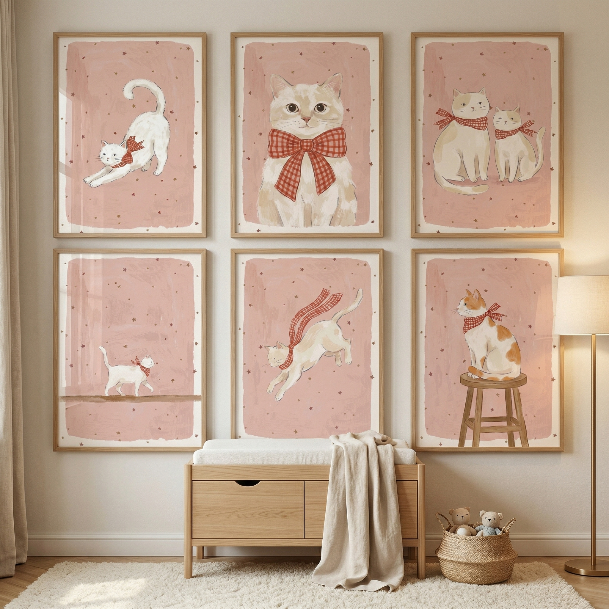 Red Gingham Accessory Cat Wall Art Set of 6 - Sweet Gingham Kitties
