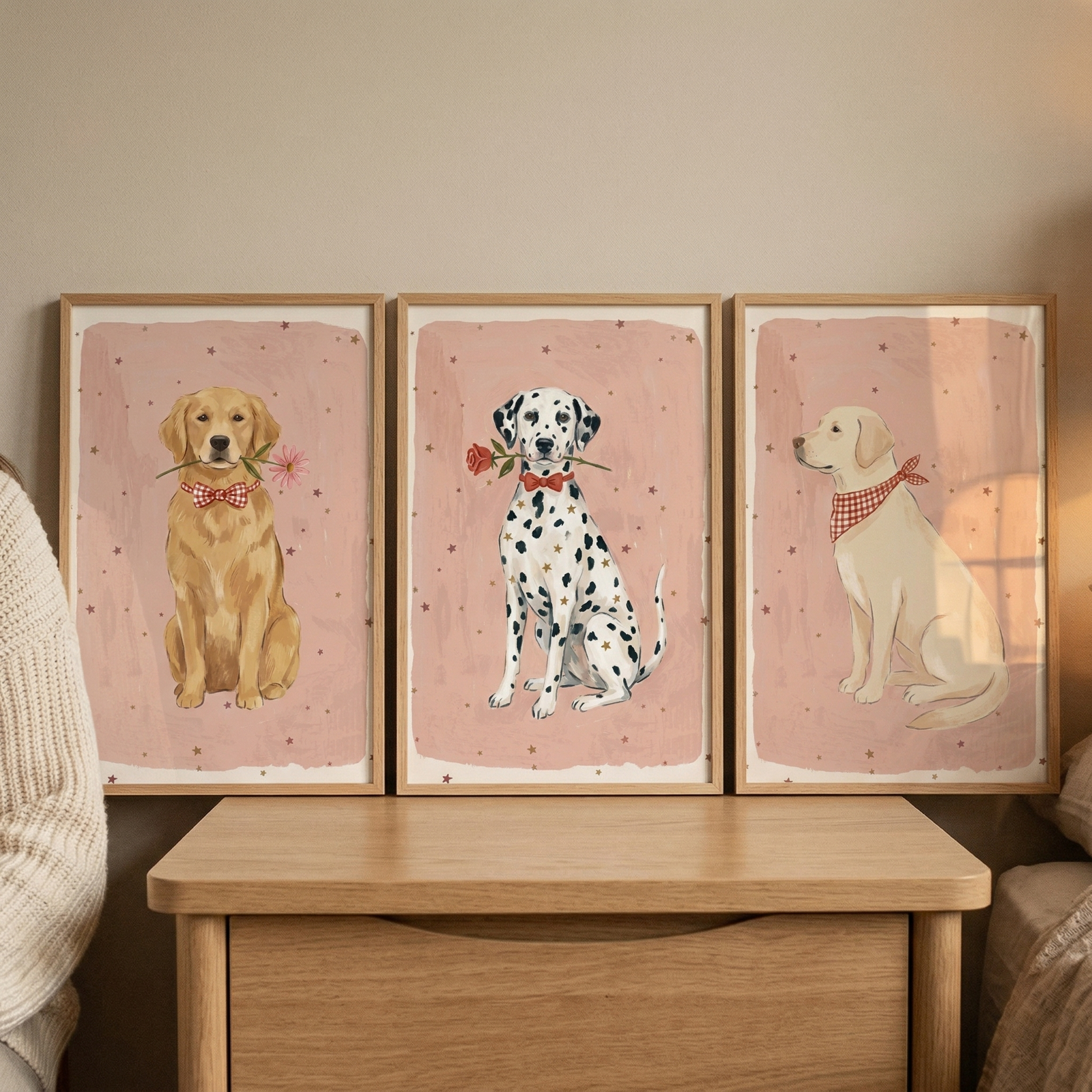 A trio of framed vertical artworks are displayed on a light-colored wooden nightstand against a neutral wall. Each frame features a different dog breed against a soft pink background accented with small, scattered stars.