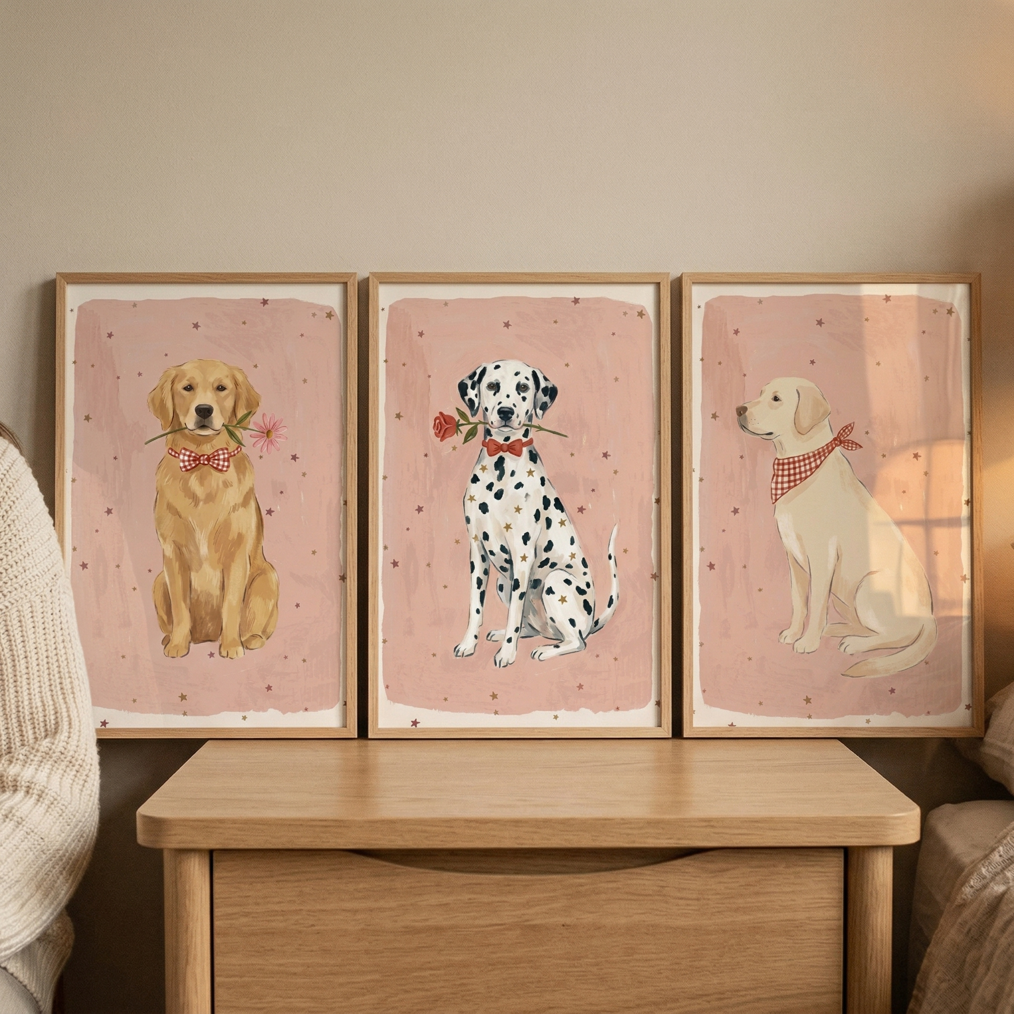 Red Gingham Accessory Dog Wall Art Set of 3 - Dapper Dog Trio