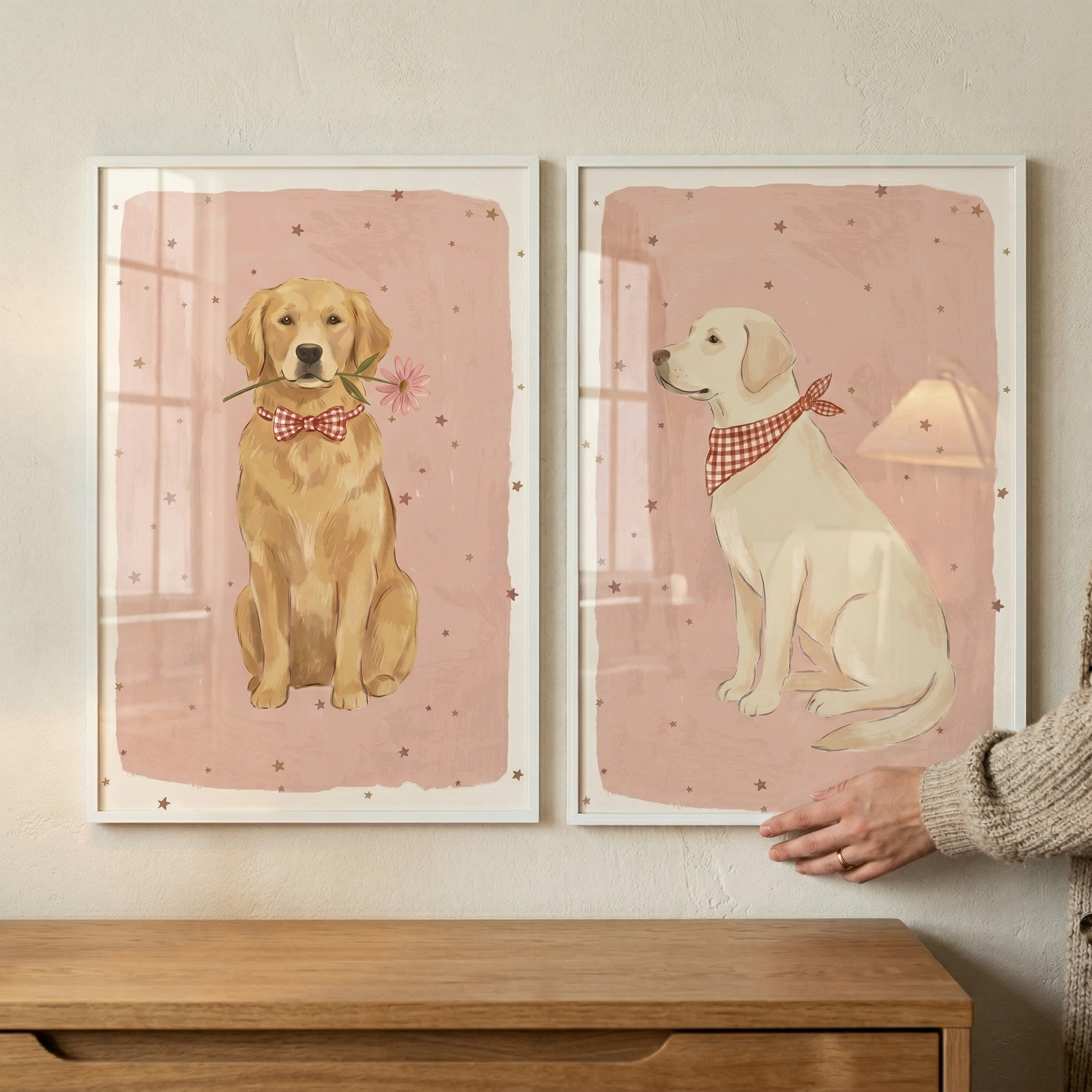 Red Gingham Accessory Retriever Wall Art Set of 2 - Sweet Golden Duo