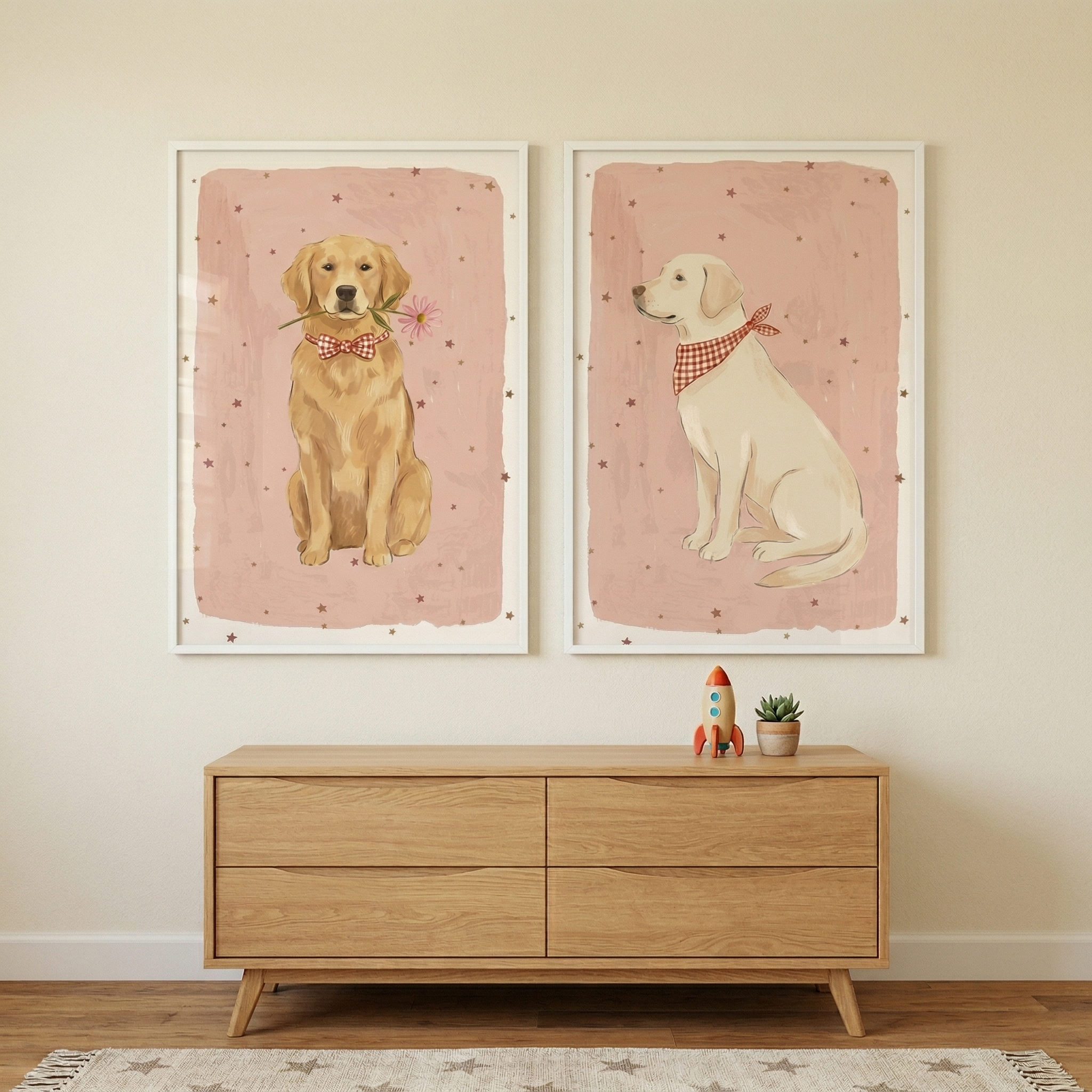 Red Gingham Accessory Retriever Wall Art Set of 2 - Sweet Golden Duo