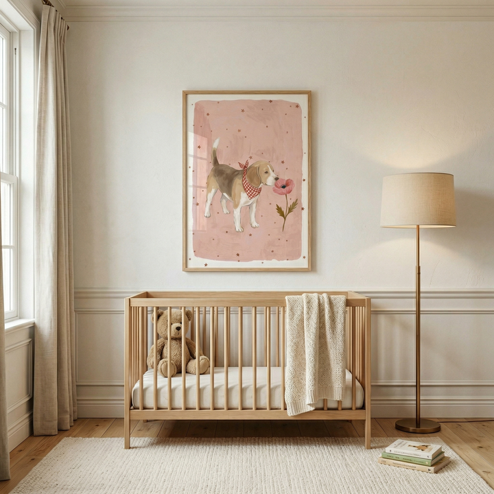Warm neutral nursery with a wooden crib styled beneath a framed illustration of a small dog wearing a red bandana standing beside a pink flower on a soft blush background with scattered stars. A teddy bear sits inside the crib while a floor lamp, window with curtains, and cozy textiles create a calm and inviting space.