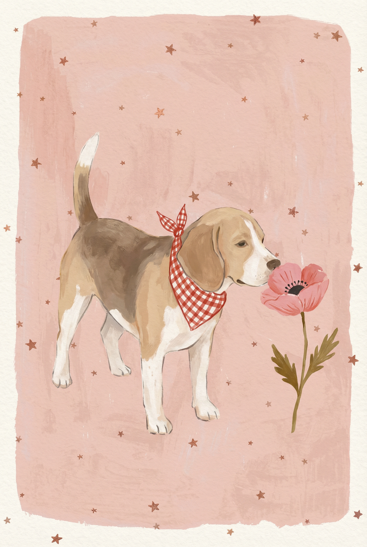 A vertical illustration featuring a young beagle puppy standing on a light pink textured background. The tri-colored dog, with patches of tan, white, and dark brown, wears a red and white checkered bandana around its neck. Its nose is positioned close to a large, vibrant pink poppy flower on a tall stem with green leaves. Numerous small, simple brown stars are scattered across the backdrop, creating a whimsical and gentle atmosphere.