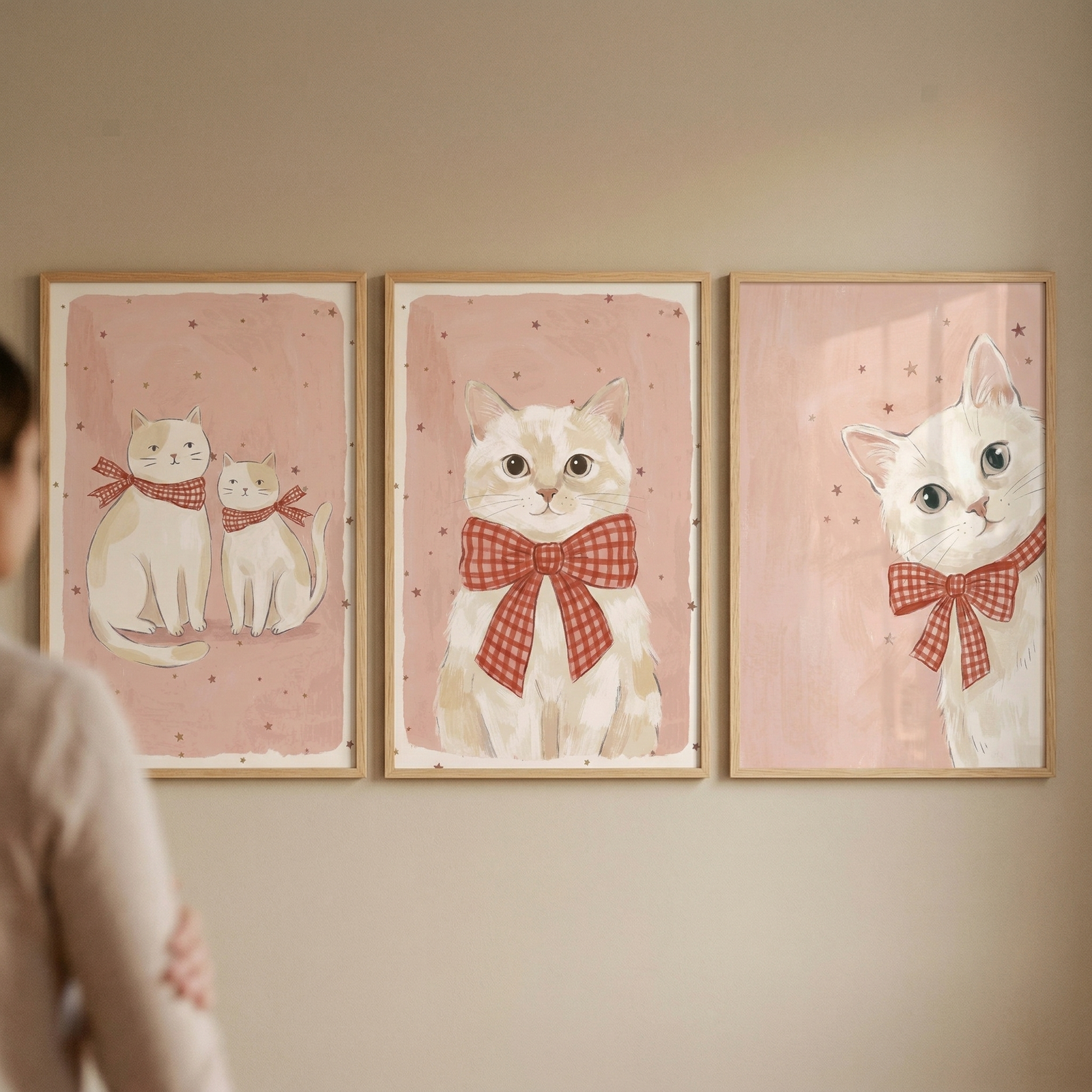 Three light-wood-framed illustrations hang side-by-side on a neutral wall. Each features a soft pink backdrop with tiny dark stars. The left artwork shows two cream-colored feline figures wearing red-and-white checkered bows. The middle frame depicts a single feline figure facing forward with a large checkered bow. 