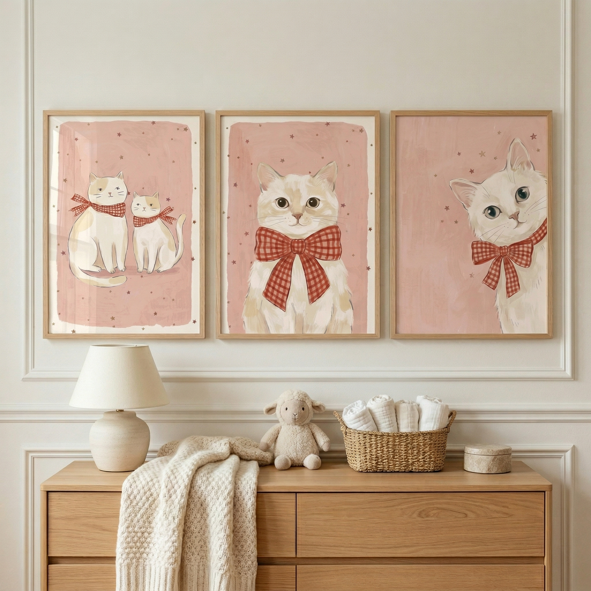 Red Gingham Bow Cat Wall Art Set of 3 - Gingham Bow Kittens
