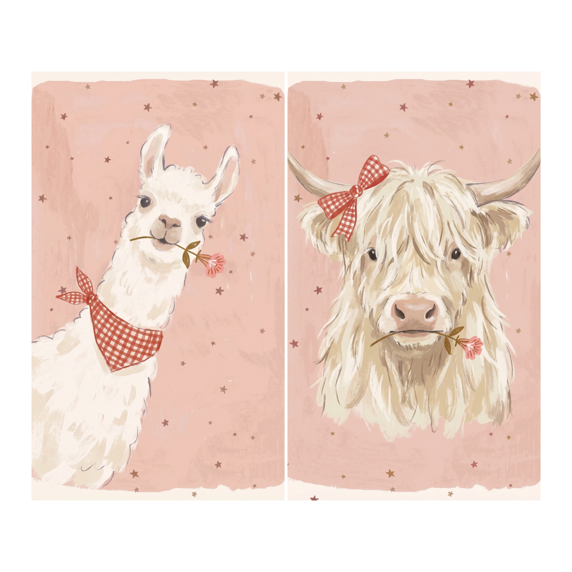 Red Gingham Farm Animal Wall Art Set of 2 - Pink Meadow Pals