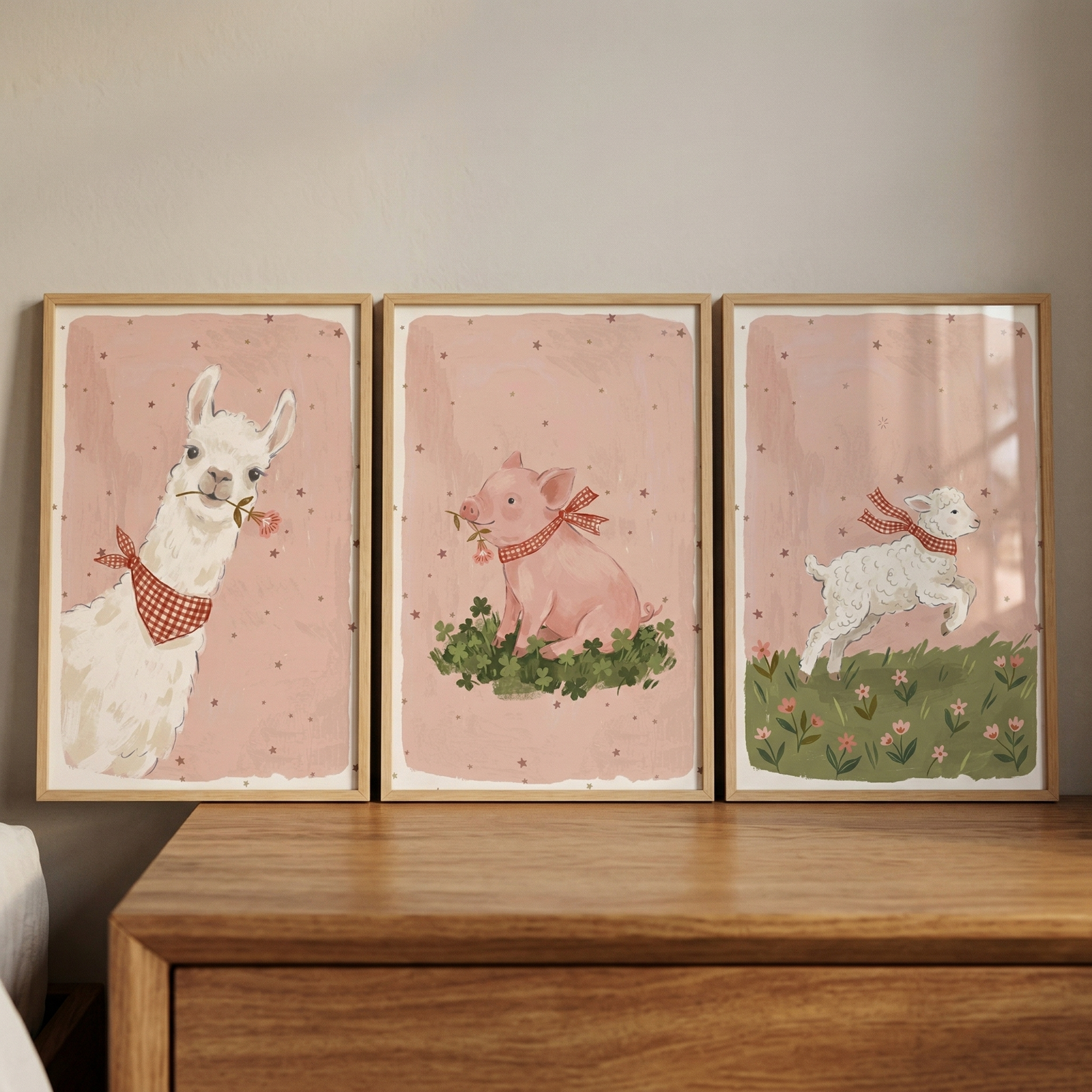 Three framed pastel animal illustrations rest on a wooden dresser showing a llama, pig, and lamb each wearing red checkered accessories and holding small flowers. The soft pink star patterned backgrounds and gentle farm animal theme create a cohesive and playful nursery decor set.