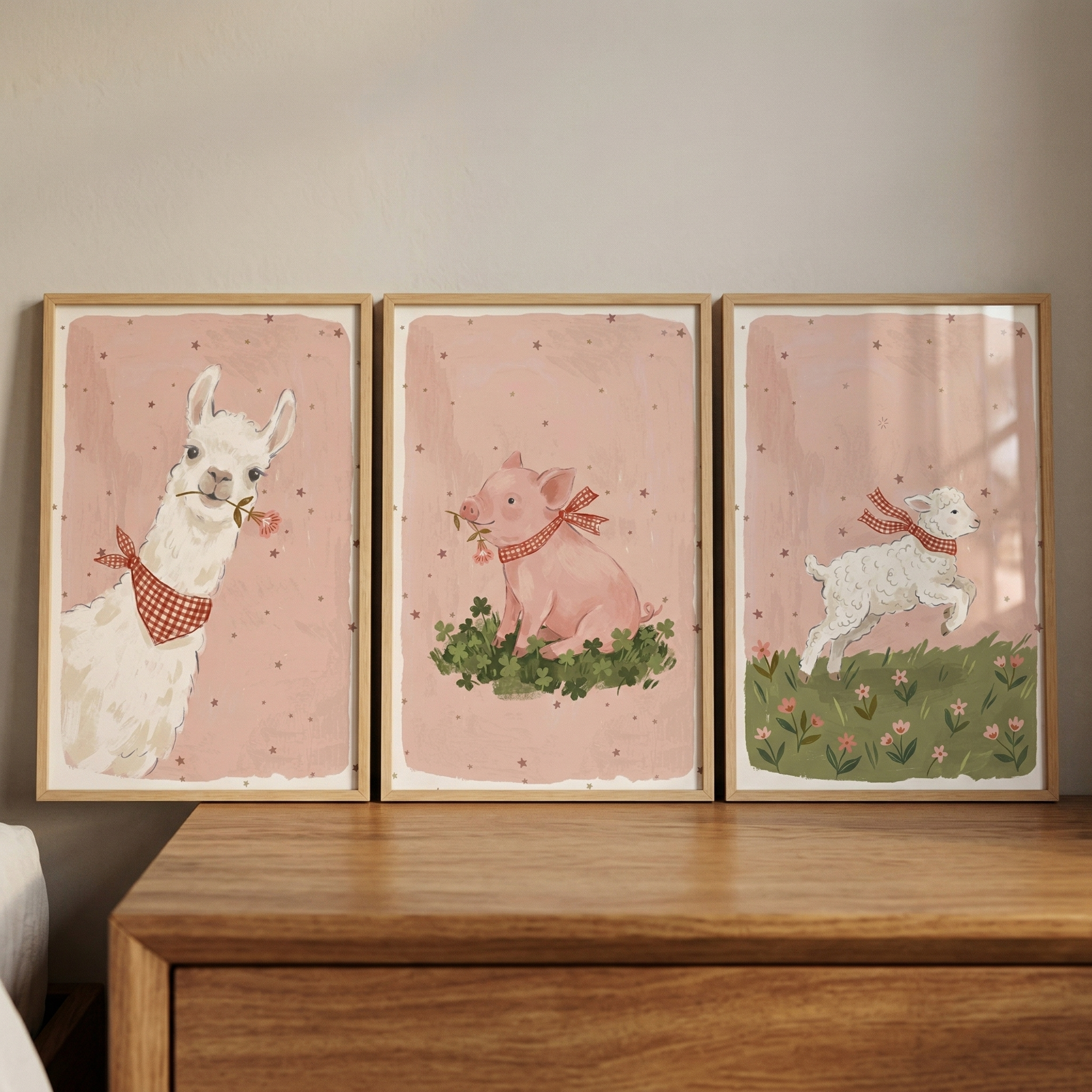 Red Gingham Farm Animals Wall Art Set of 3 - Gingham Farm Critters