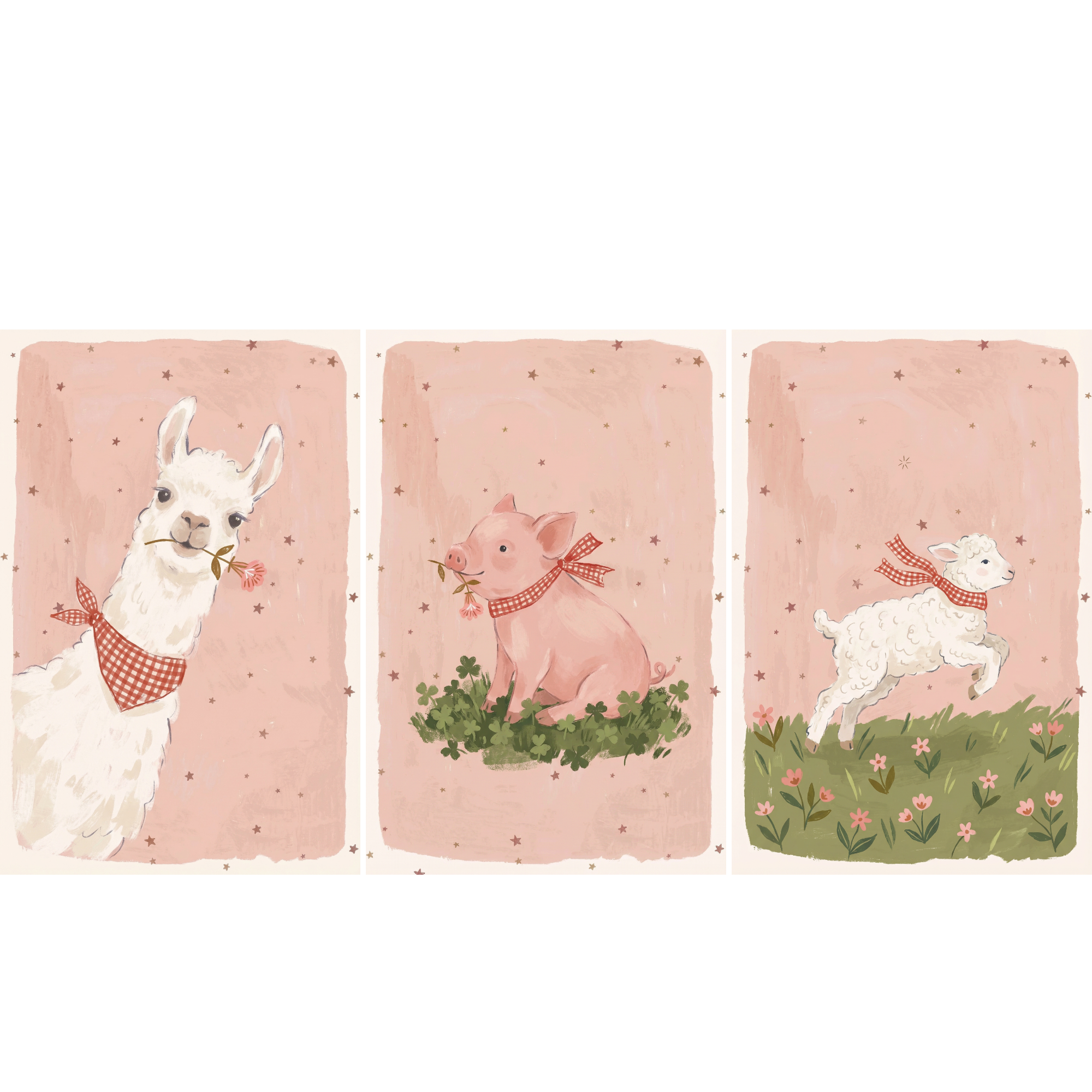 Red Gingham Farm Animals Wall Art Set of 3 - Gingham Farm Critters