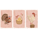Three vertical illustrations show farm animals on pink backgrounds with small stars. On the left, a turkey with fanned tail feathers holds a pink flower in its beak. The center panel features a yellow chick sitting in a woven basket with a red-and-white checkered bow. The right panel depicts a white rooster standing on a wooden stump, holding a pink flower in its beak and wearing a matching bow on its leg. The artwork uses soft colors and a whimsical, illustrative style.