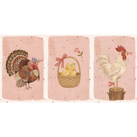 Three vertical illustrations show farm animals on pink backgrounds with small stars. On the left, a turkey with fanned tail feathers holds a pink flower in its beak. The center panel features a yellow chick sitting in a woven basket with a red-and-white checkered bow. The right panel depicts a white rooster standing on a wooden stump, holding a pink flower in its beak and wearing a matching bow on its leg. The artwork uses soft colors and a whimsical, illustrative style.