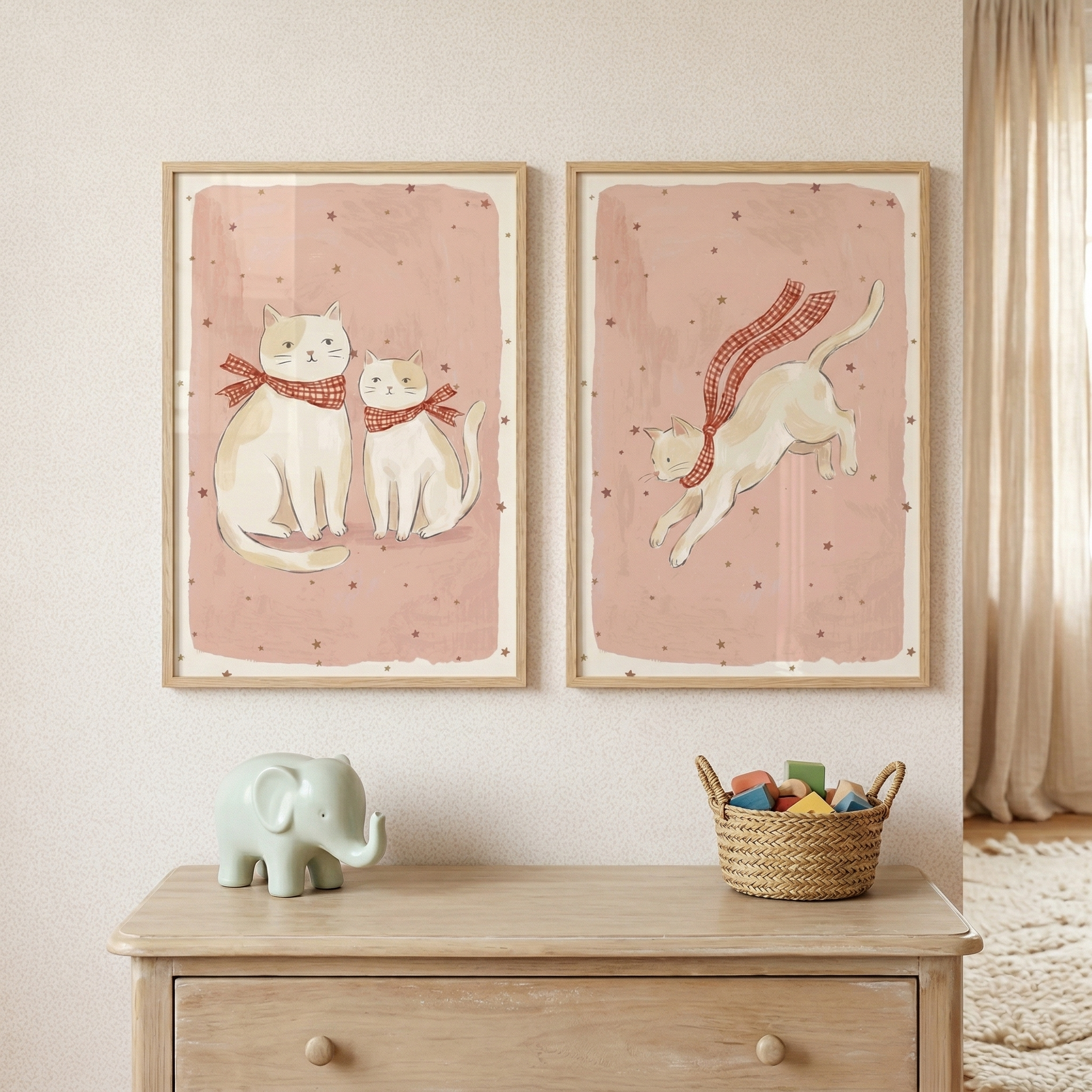 Red Gingham Scarf Cat Wall Art Set of 2 - Cozy Scarfed Kitties