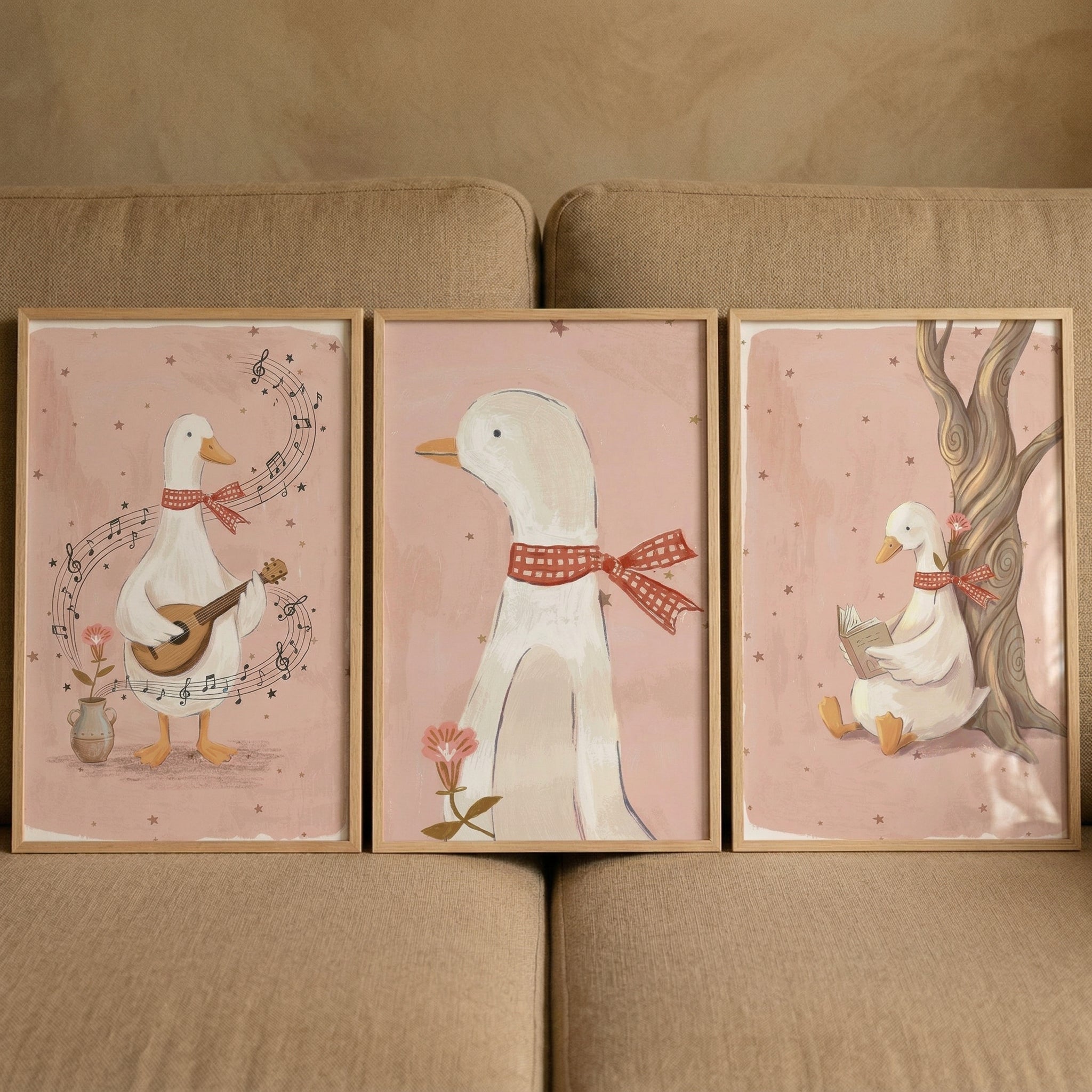Red Gingham Scarf Goose Wall Art Set of 3 - Whimsical Starry Goose
