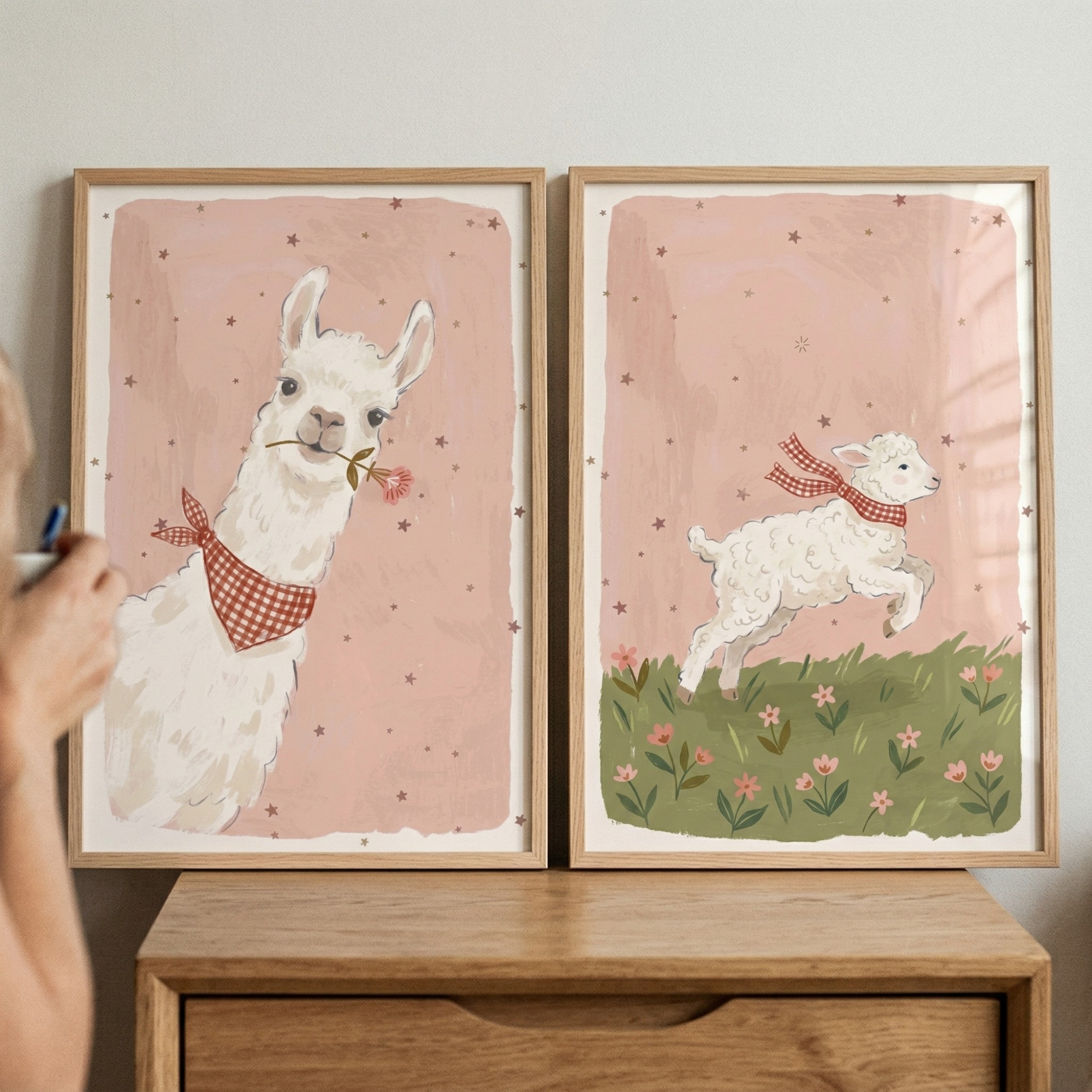 Red Gingham White Animal Wall Art Set of 2 - Whimsical Meadow Pals