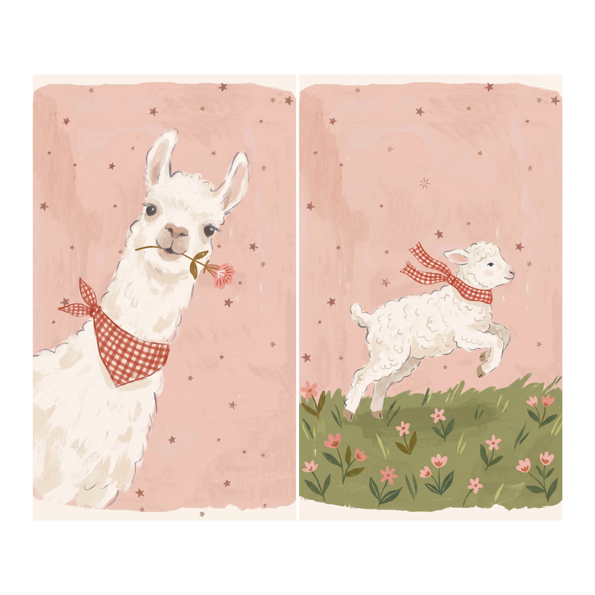 Red Gingham White Animal Wall Art Set of 2 - Whimsical Meadow Pals