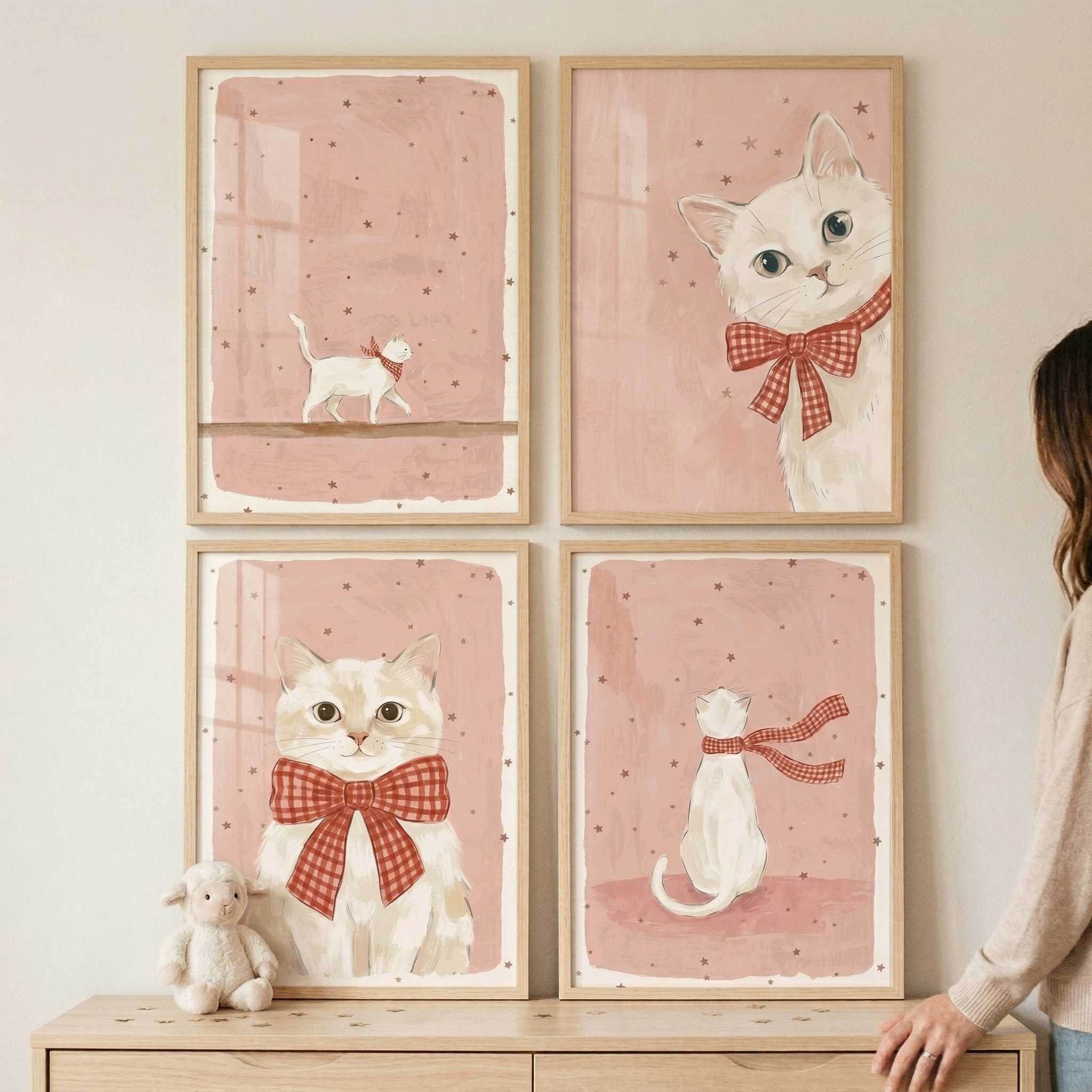Red Gingham White Cat Wall Art Set of 4 - Checkered Bow Kittens