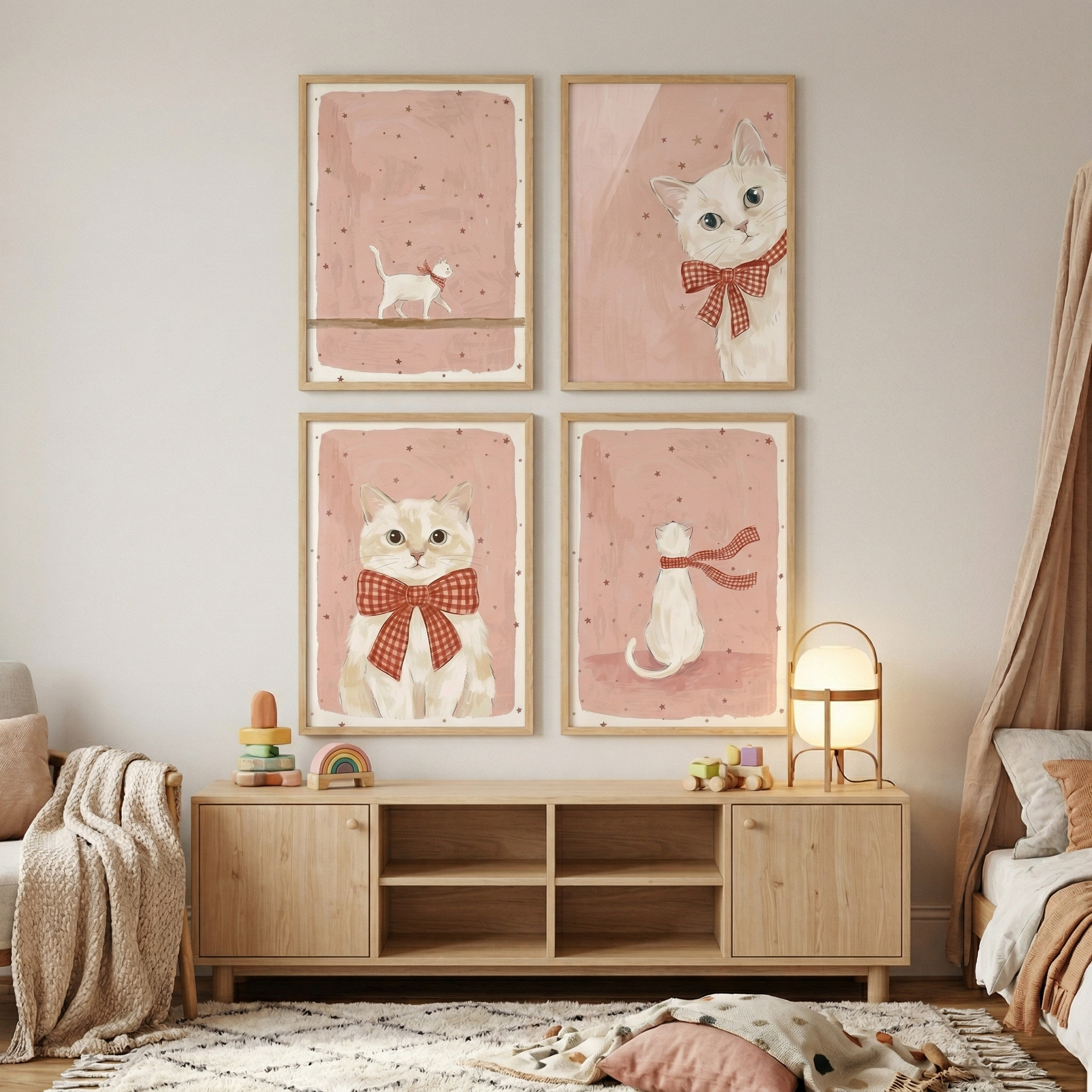 Red Gingham White Cat Wall Art Set of 4 - Checkered Bow Kittens