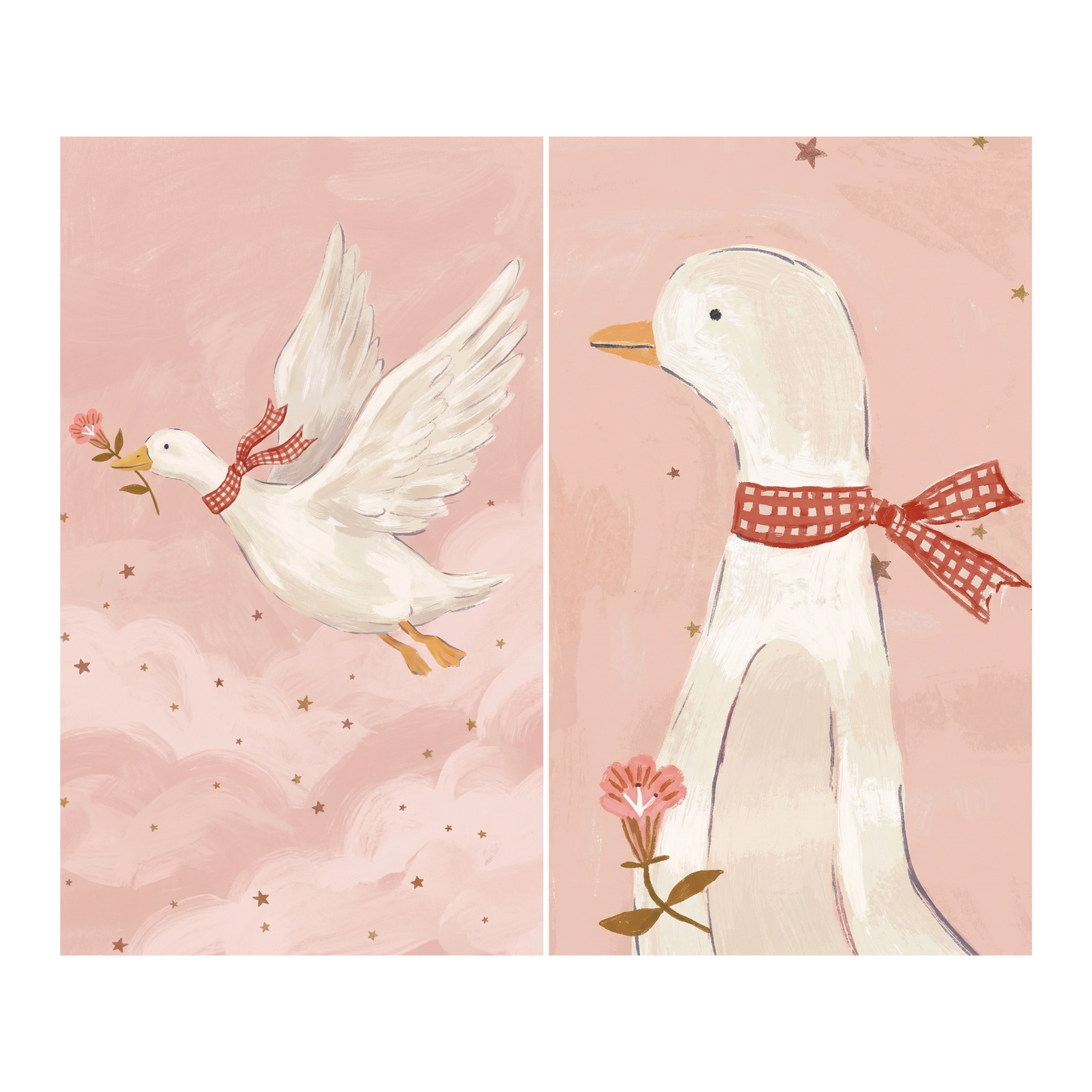 Red Gingham White Goose Wall Art Set of 2 - Whimsical Pink Duck