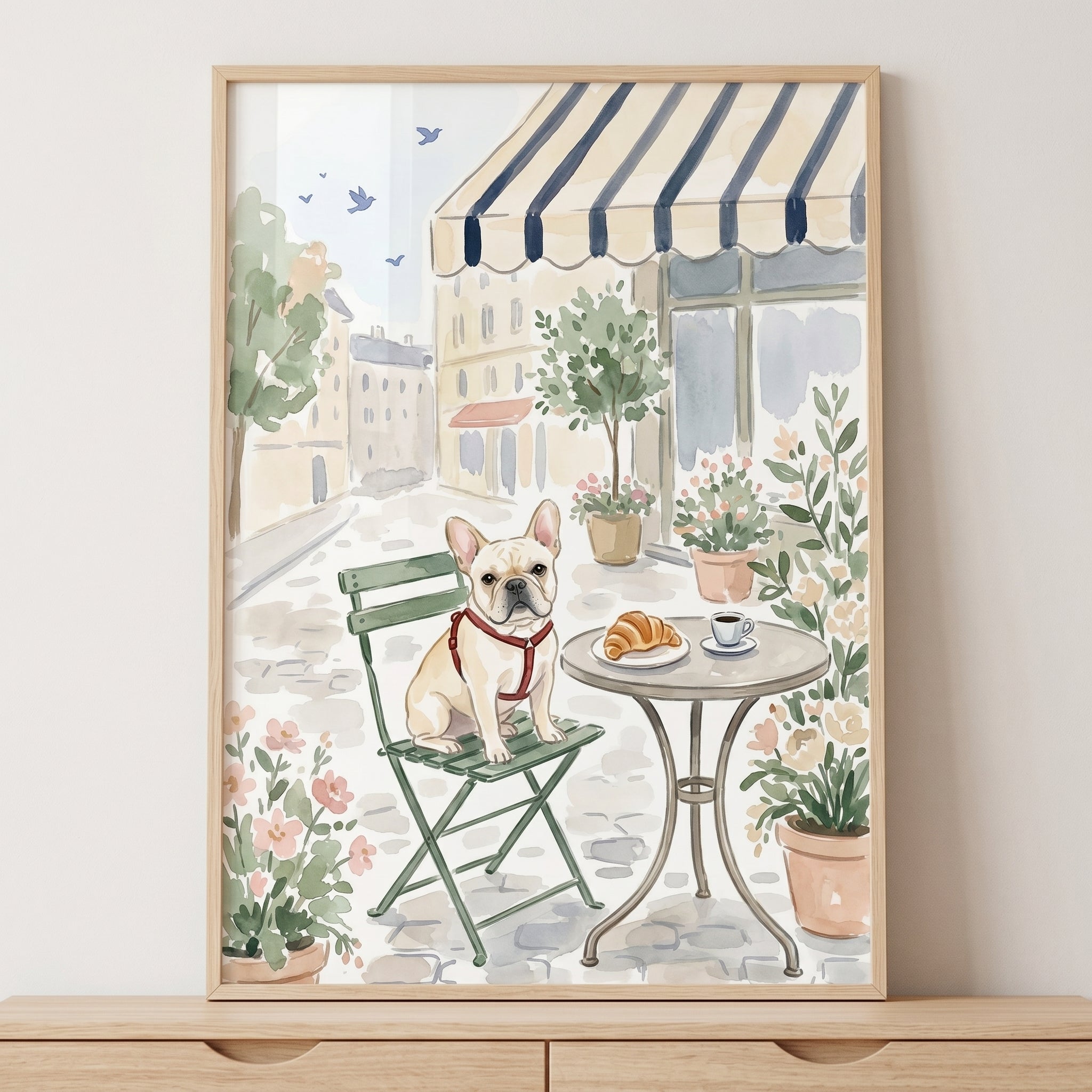 Red Harness French Bulldog Wall Art - Parisian Cafe Dog