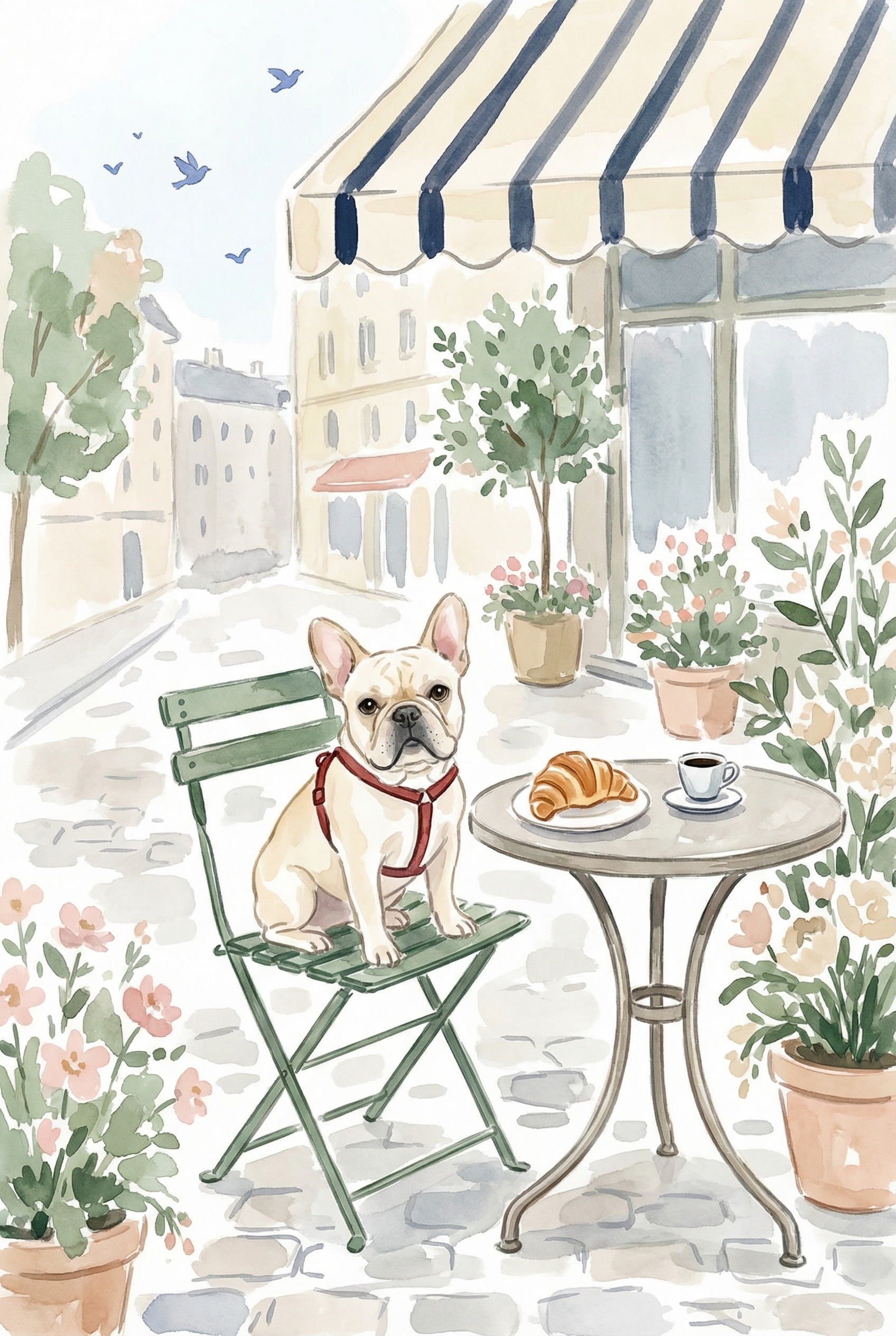 Red Harness French Bulldog Wall Art - Parisian Cafe Dog