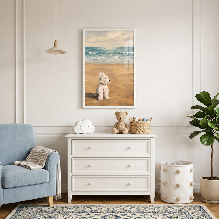 Red harness white westie dog wall art hangs above a white dresser in a nursery with a blue chair and potted plant.