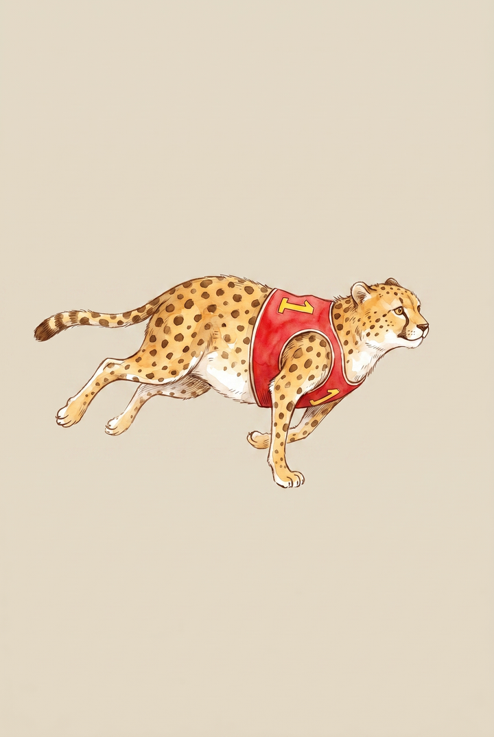 Watercolor red jersey running cheetah wall art with a yellow number one on a plain beige background.