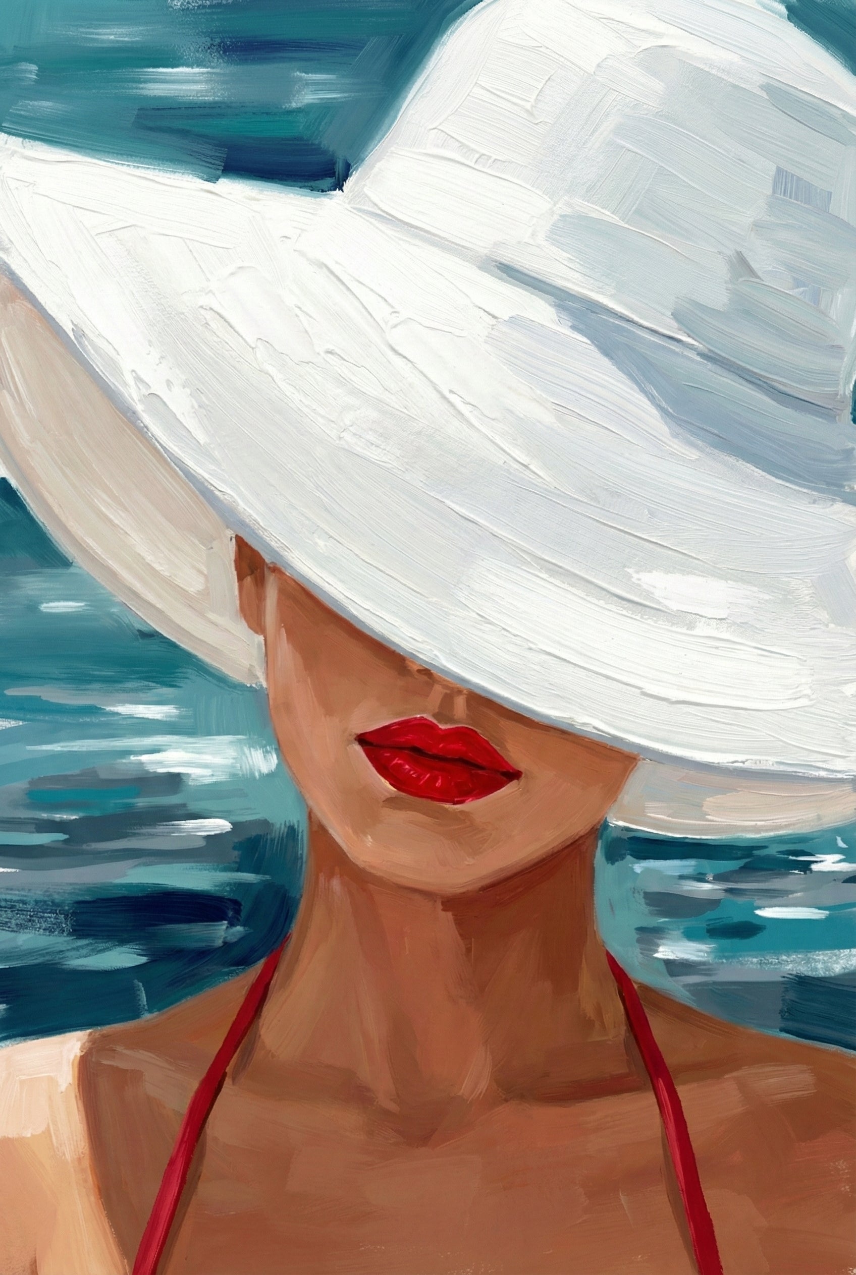 Vibrant oil painting of a woman in a white wide-brimmed sunhat and red bikini top, her face partially obscured, with only bold red lips and the ocean background visible.