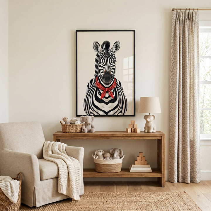 Neutral nursery with a wooden console, armchair, and red paisley bandana zebra wall art on the wall.