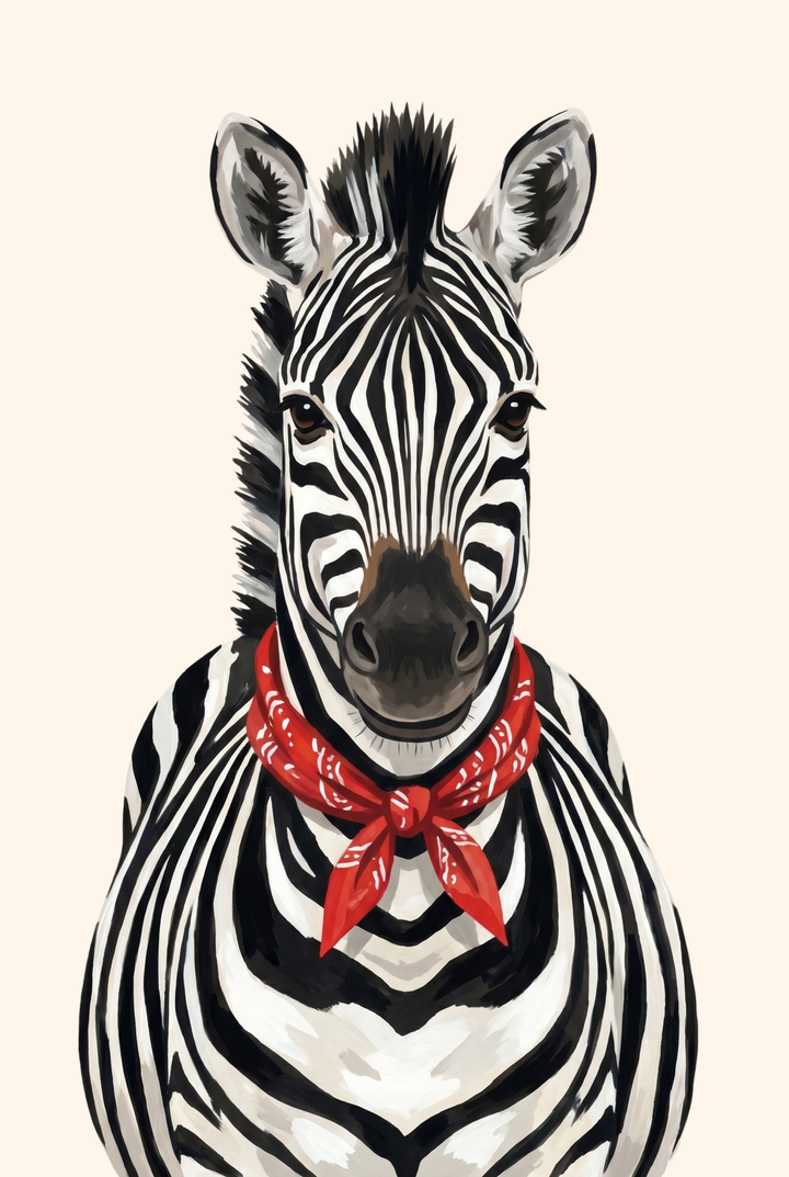 Front-facing red paisley bandana zebra wall art with high-contrast black and white stripes on an off-white background.