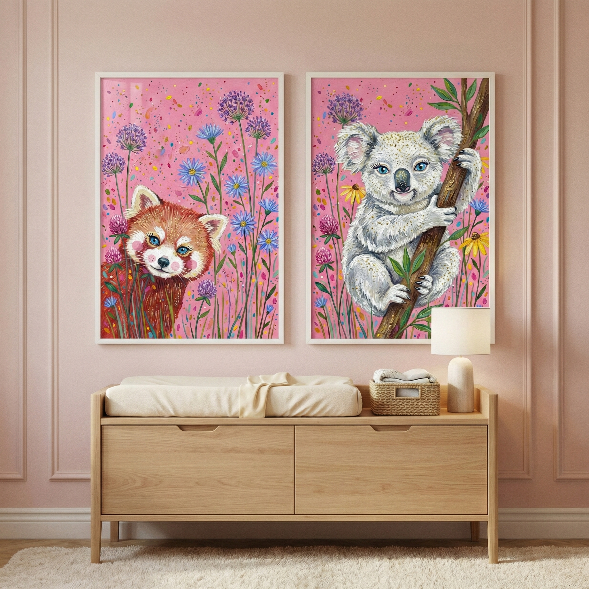 Pink Whimsical Animals Wall Art Set of 2 - Vibrant Garden Duo