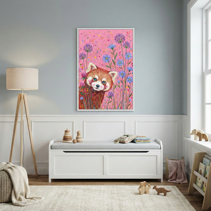 A bright child's room features a large framed illustration of a stylized red panda peeking from colorful flowers against a pink background. The art is centered above a white storage bench with a grey cushion. To the left stands a tripod floor lamp with a wooden base. The room has light blue walls, white wainscoting, and a neutral rug with wooden animal toys. A wooden bookshelf and a basket with a pink blanket are visible near a window on the right.