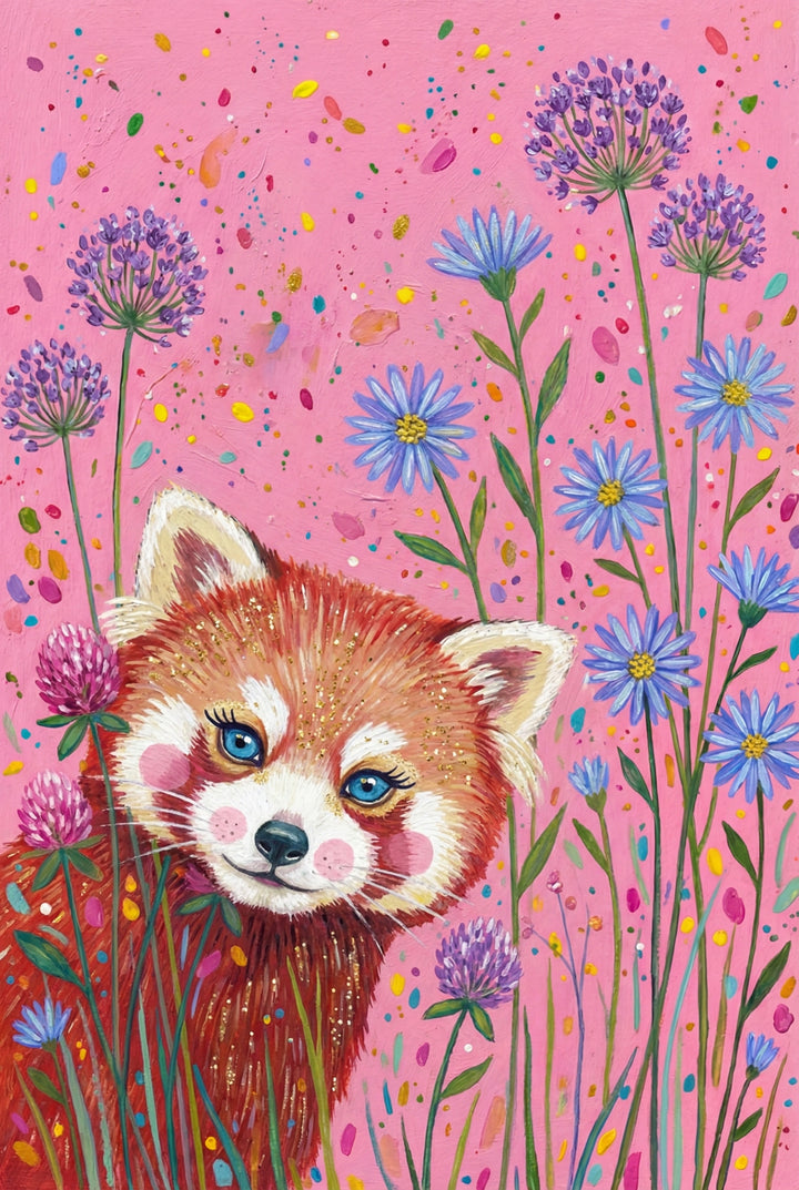 A red panda with big blue eyes and round pink cheeks peeks from behind tall purple and blue flowers. The background is lively with scattered paint splashes on pink.
