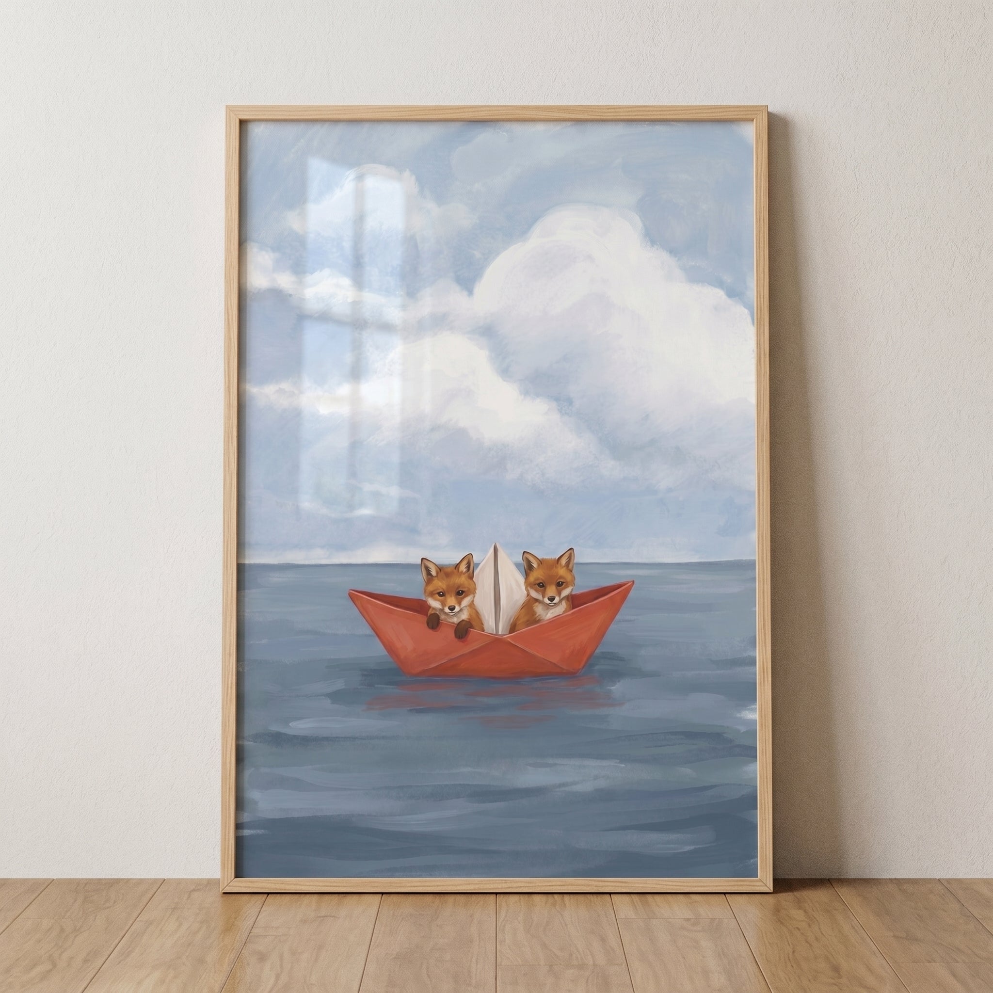 Red Paper Boat Foxes Wall Art - Paper Boat Voyage