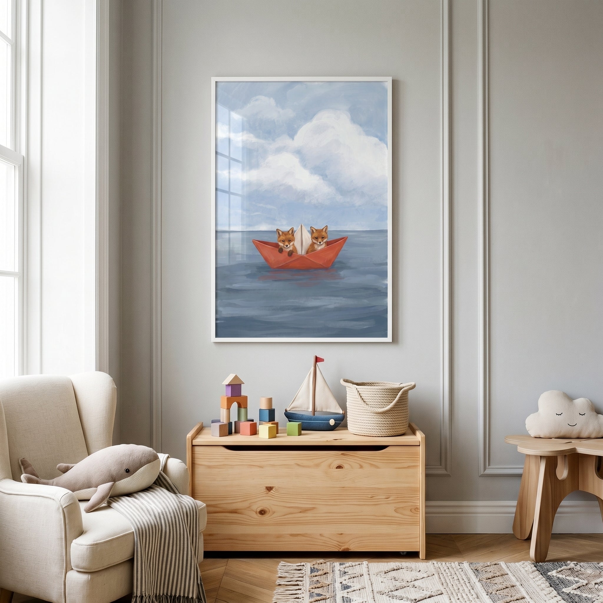 Red Paper Boat Foxes Wall Art - Paper Boat Voyage