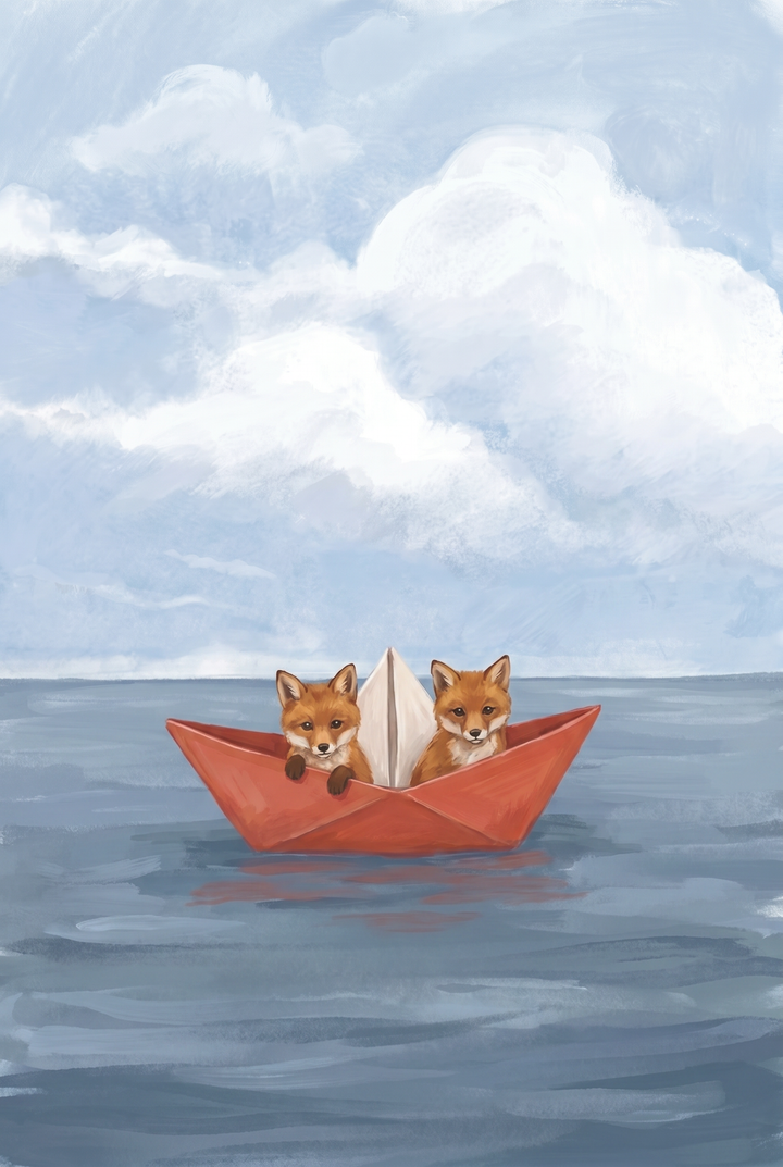 Two young foxes drift on a calm sea in a red paper boat foxes wall art under a vast, cloudy sky.