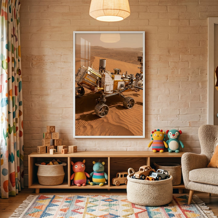 Red planet sand rover wall art hangs on a brick wall above a wooden shelf with toys and a colorful patterned rug.