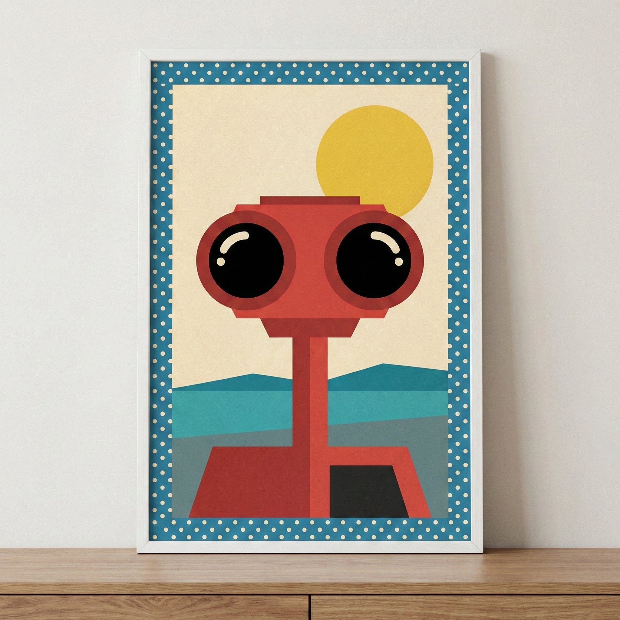 A framed minimalist illustration of a stylized red mechanical figure with large, circular black eyes and a slender neck. The character is set against a simple background featuring a large yellow sun in a cream-colored sky and blue-green hills in the distance. The artwork is bordered by a blue pattern with white polka dots and is displayed in a white frame resting on a wooden surface against a plain wall.