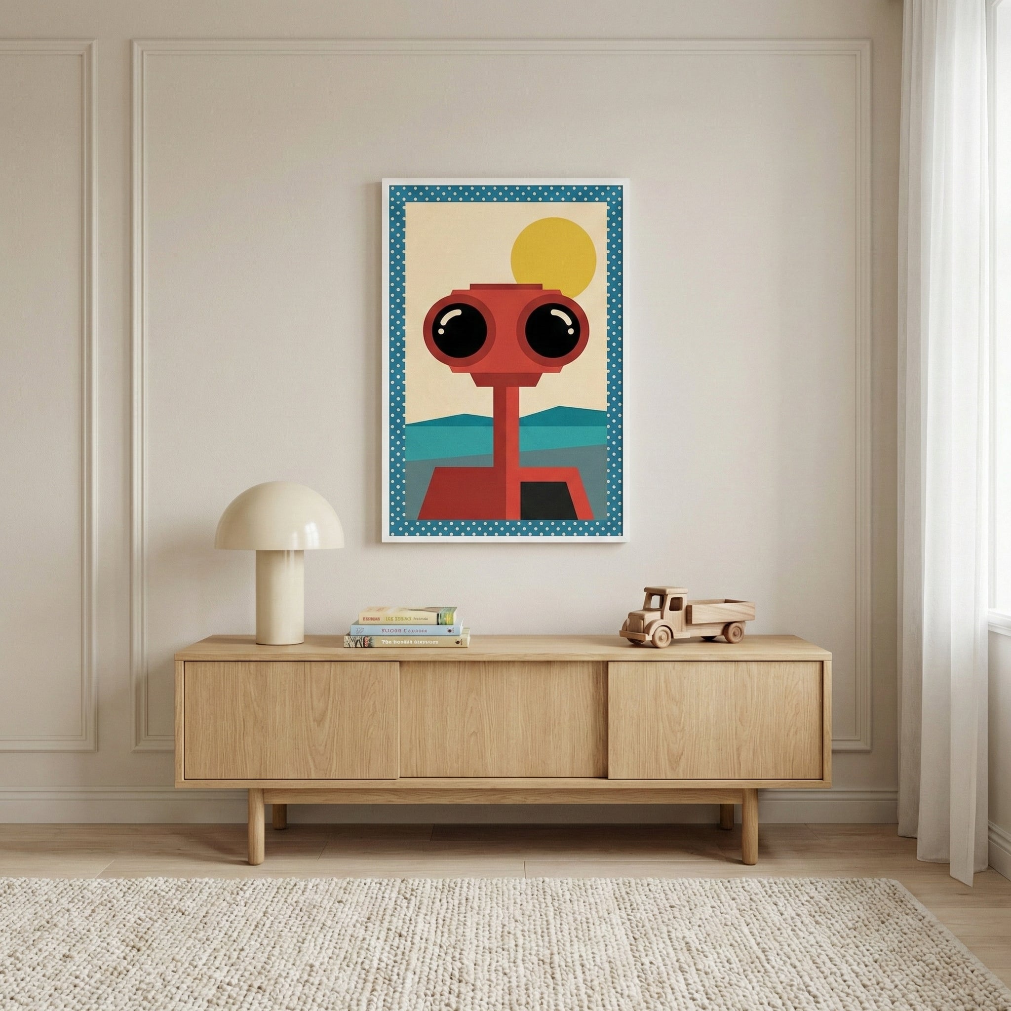 A minimalist interior features a framed piece of art centered on a neutral-toned wall with decorative molding. The art shows a stylized red robot figure with large, round black eyes, set against a background of a yellow circle and teal-colored hills, all framed by a blue and white polka-dot border. Beneath the art is a light-wood sideboard holding a mushroom-shaped table lamp, a small stack of books, and a wooden toy truck. The room is completed with a light-colored, textured rug and white curtains.