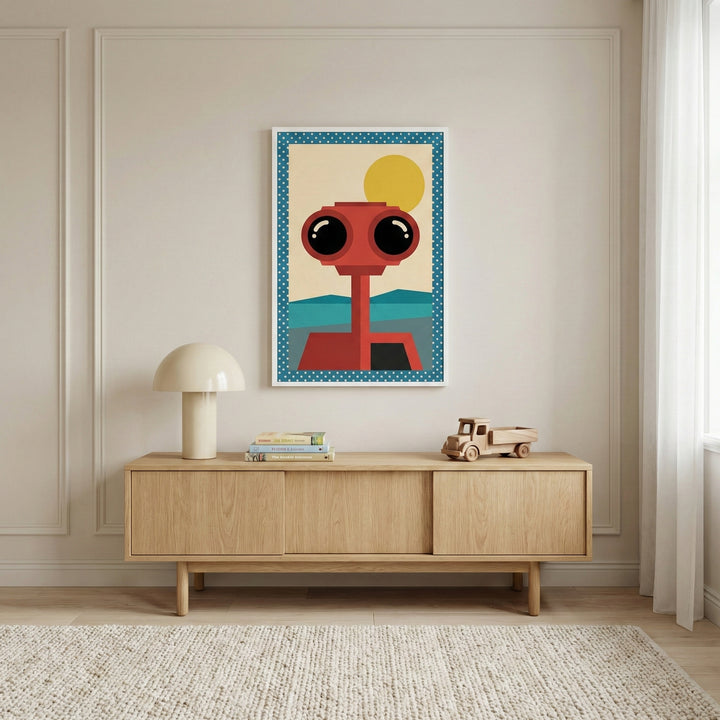 A minimalist interior features a framed piece of art centered on a neutral-toned wall with decorative molding. The art shows a stylized red robot figure with large, round black eyes, set against a background of a yellow circle and teal-colored hills, all framed by a blue and white polka-dot border. Beneath the art is a light-wood sideboard holding a mushroom-shaped table lamp, a small stack of books, and a wooden toy truck. The room is completed with a light-colored, textured rug and white curtains.