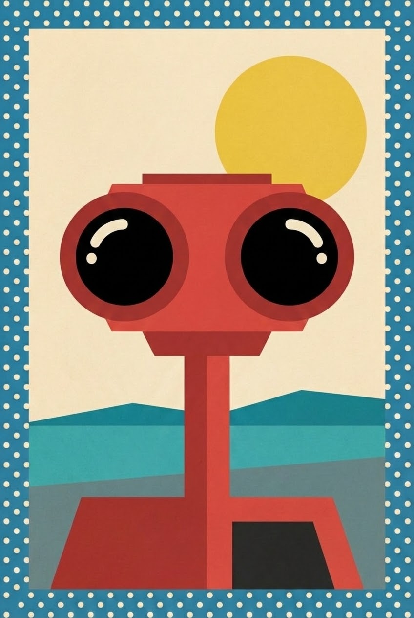 A stylized red robot with oversized glossy black eyes stands against a landscape of blue hills and a large yellow sun, framed by a polka-dot border.

