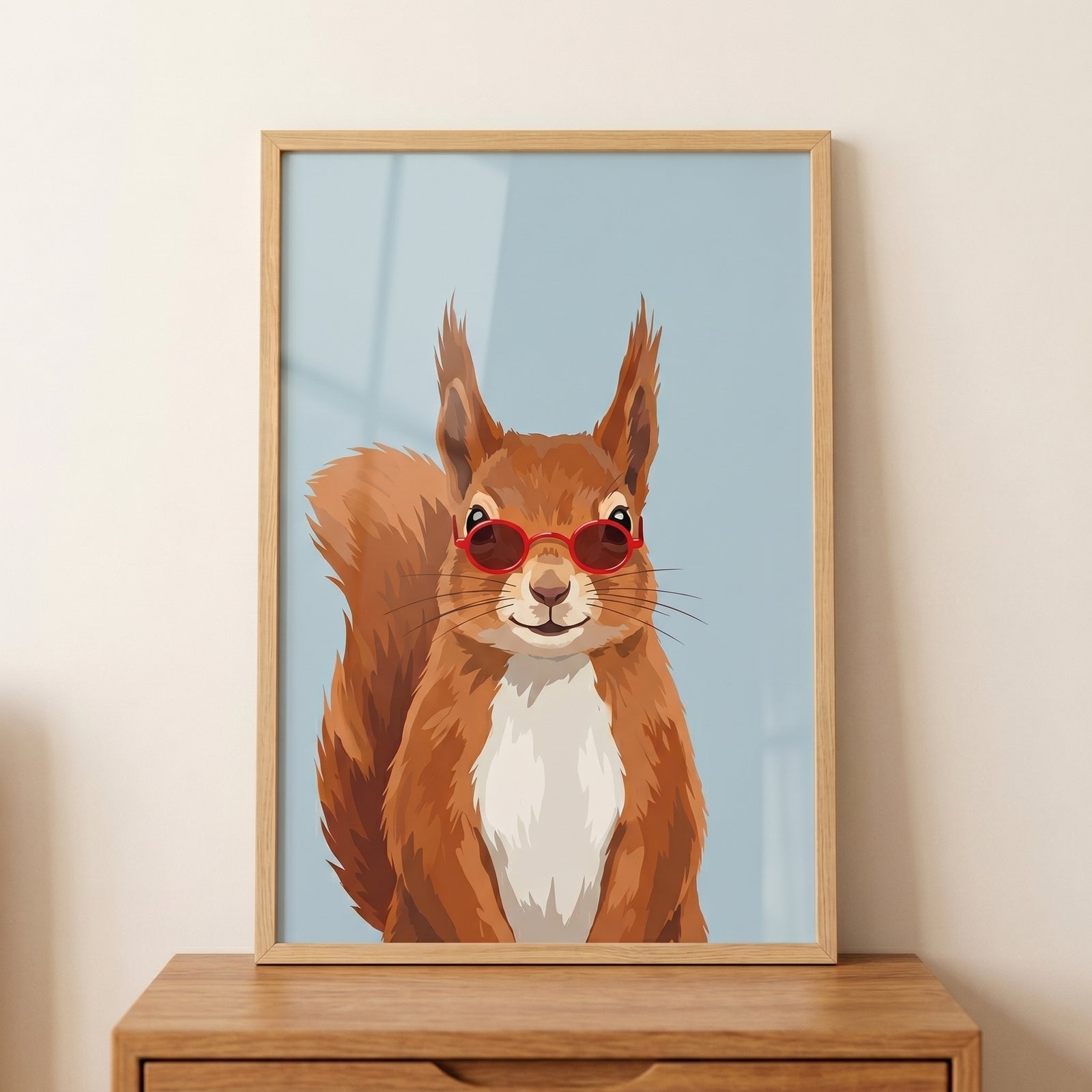 Red round sunglasses squirrel wall art features a brown squirrel with a white chest on a light blue background.