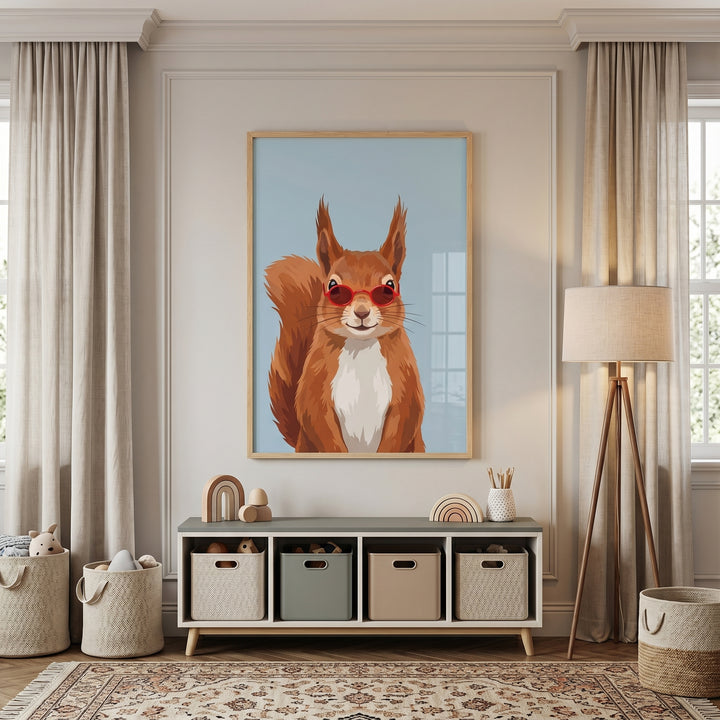 Red round sunglasses squirrel wall art hangs in a neutral nursery above a storage bench with beige curtains and a rug.