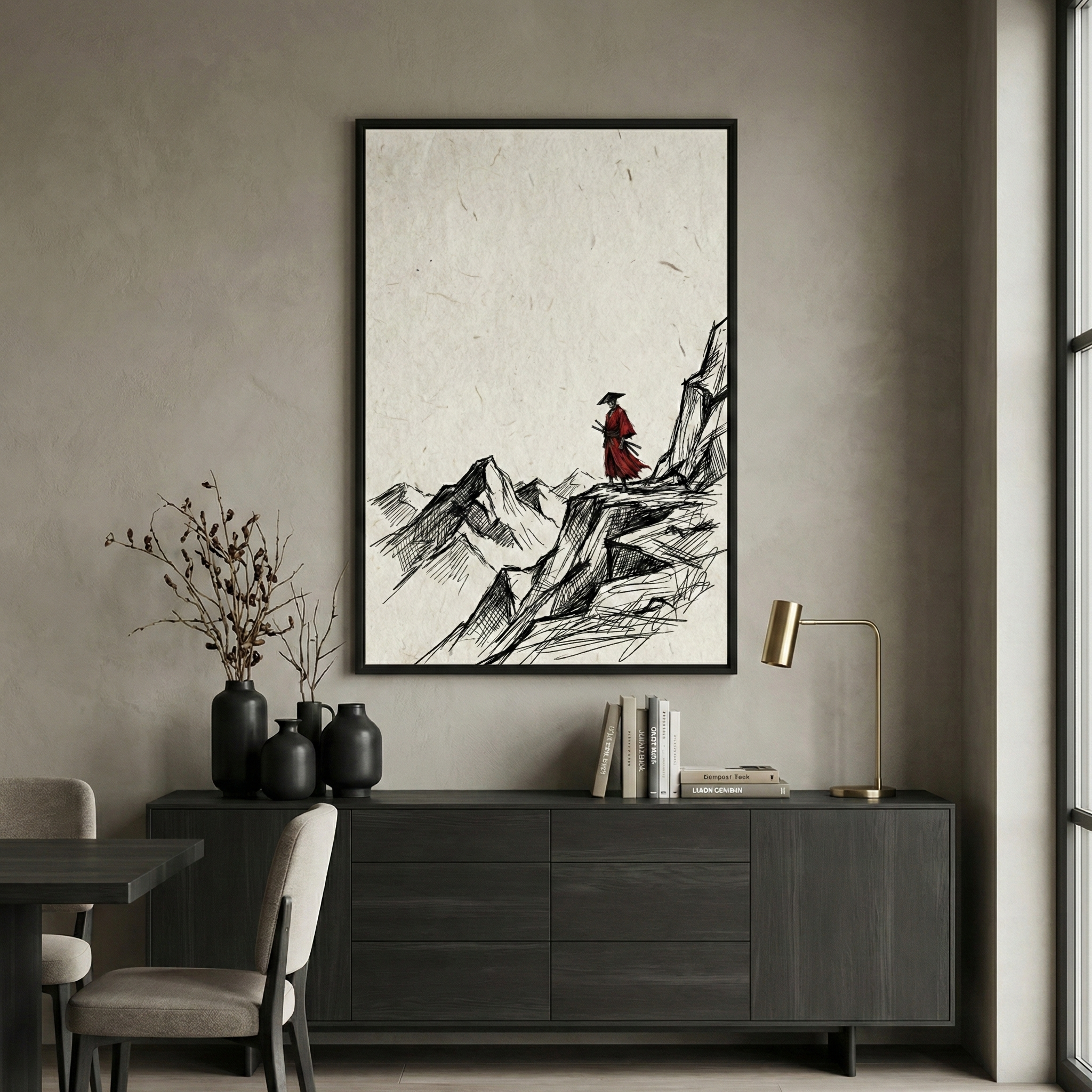 A minimalist interior scene featuring a large framed piece of wall art centered above a dark wood sideboard. The artwork depicts a lone figure in a vibrant red robe and a wide-brimmed hat standing on a craggy mountain peak, looking over a range rendered in black ink sketches. On the sideboard are three matte black vases, one holding dried branches, a small collection of books, and a gold desk lamp. To the side, a portion of a dark dining table and two upholstered chairs are visible.