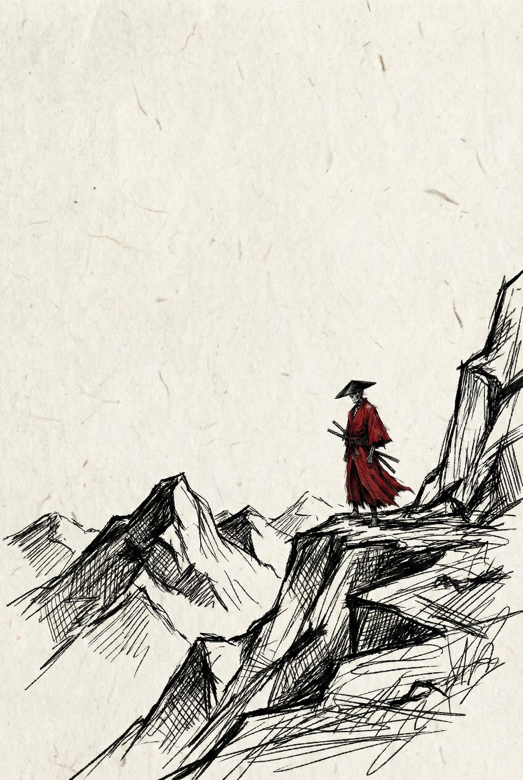 Ink style illustration of a skeletal samurai in a flowing red robe standing on a jagged mountain cliff. The minimal black and white sketch with bold red accents creates a dramatic and striking composition.

