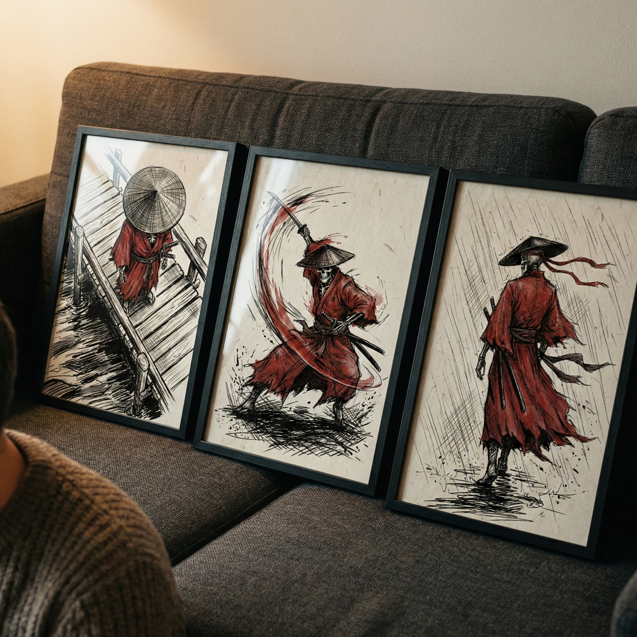 Red Samurai Wall Art Set of 3 - Crimson Ronin Saga