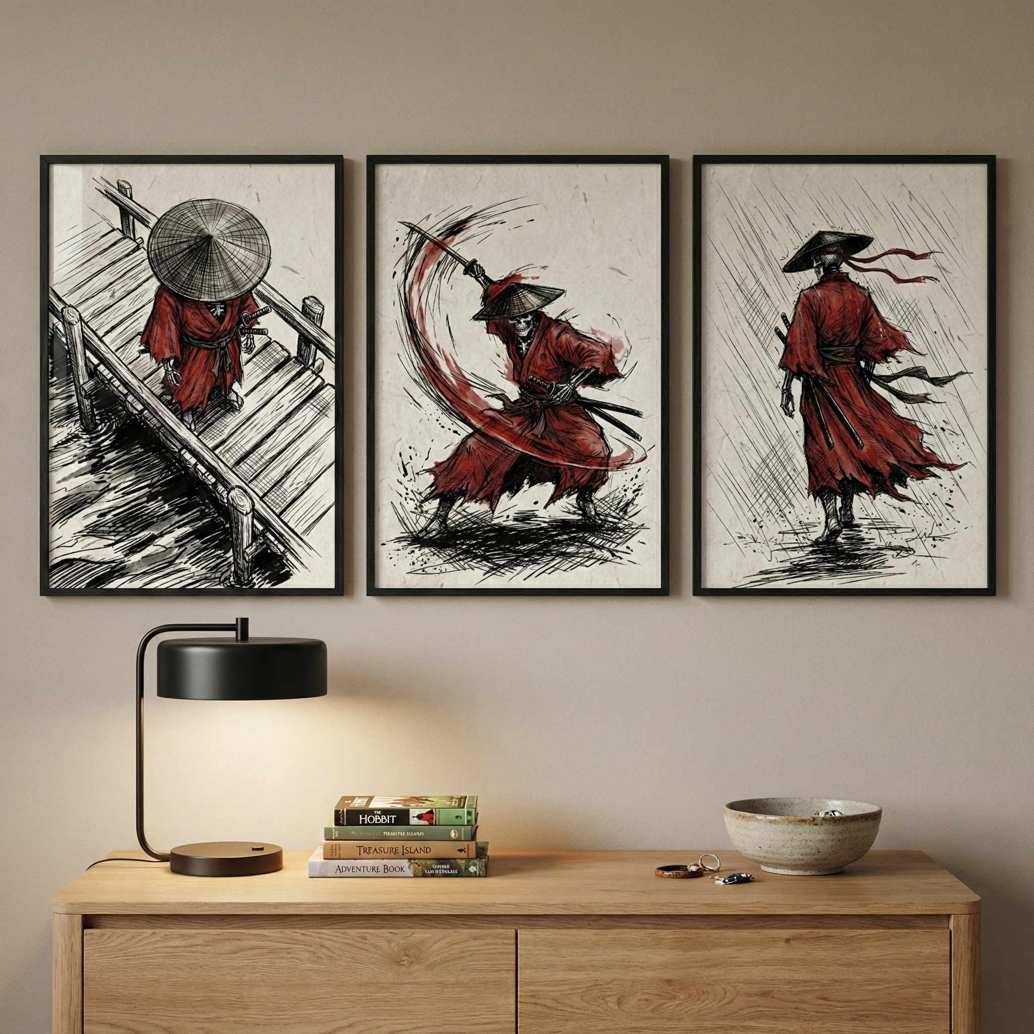 Red Samurai Wall Art Set of 3 - Crimson Ronin Saga