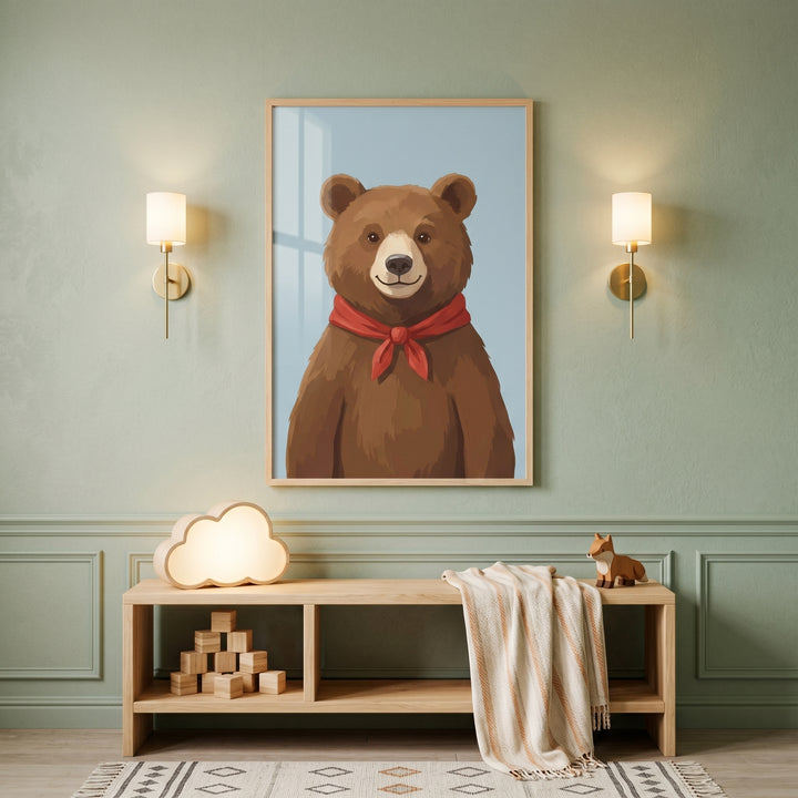 Framed red scarf brown bear wall art between wall lamps above a wooden bench with a cloud lamp and toy fox.